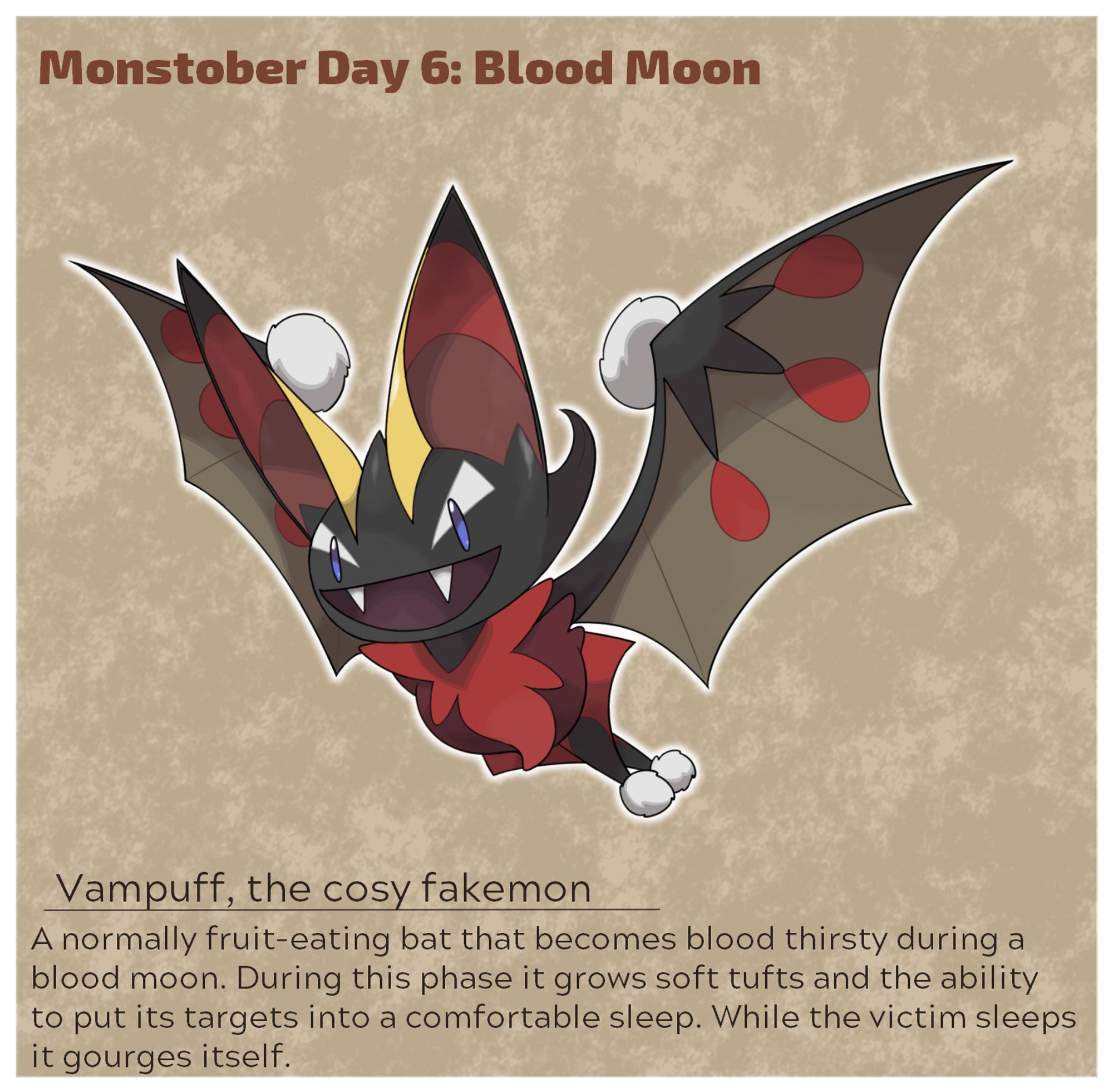 A red and black bat fakemon that is cotton-puff-like feet and wing tufts