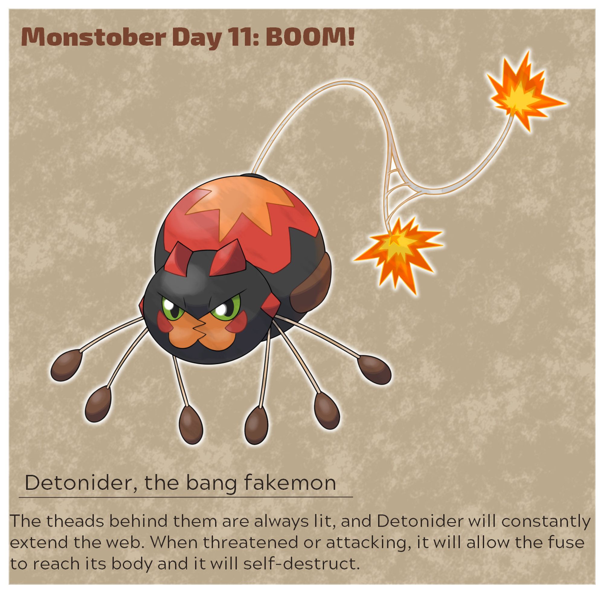 A fakemon spider that is based on a bomb, and its web is a lit fuse.