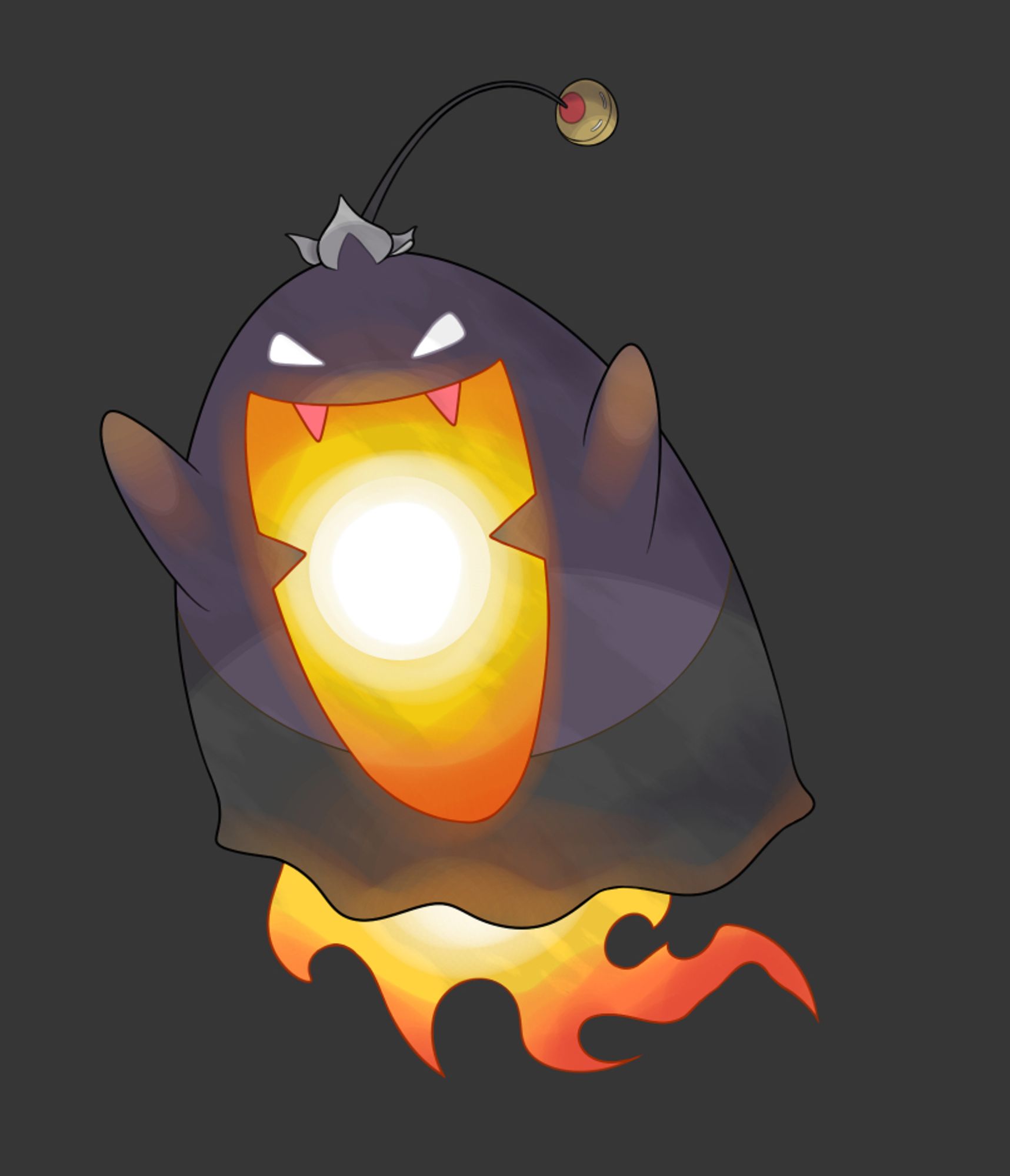 The angry form of Whispurn. It looks like an oval ghost with a purple upper body that transitions to black near the bottom. There are flamed erupting from its bottomside and its mouth is open wide in a smile, revealing a yellow glowing mouth and 2 red fangs. The lantern which was once the main focus of the fakemon is now thrown behind it