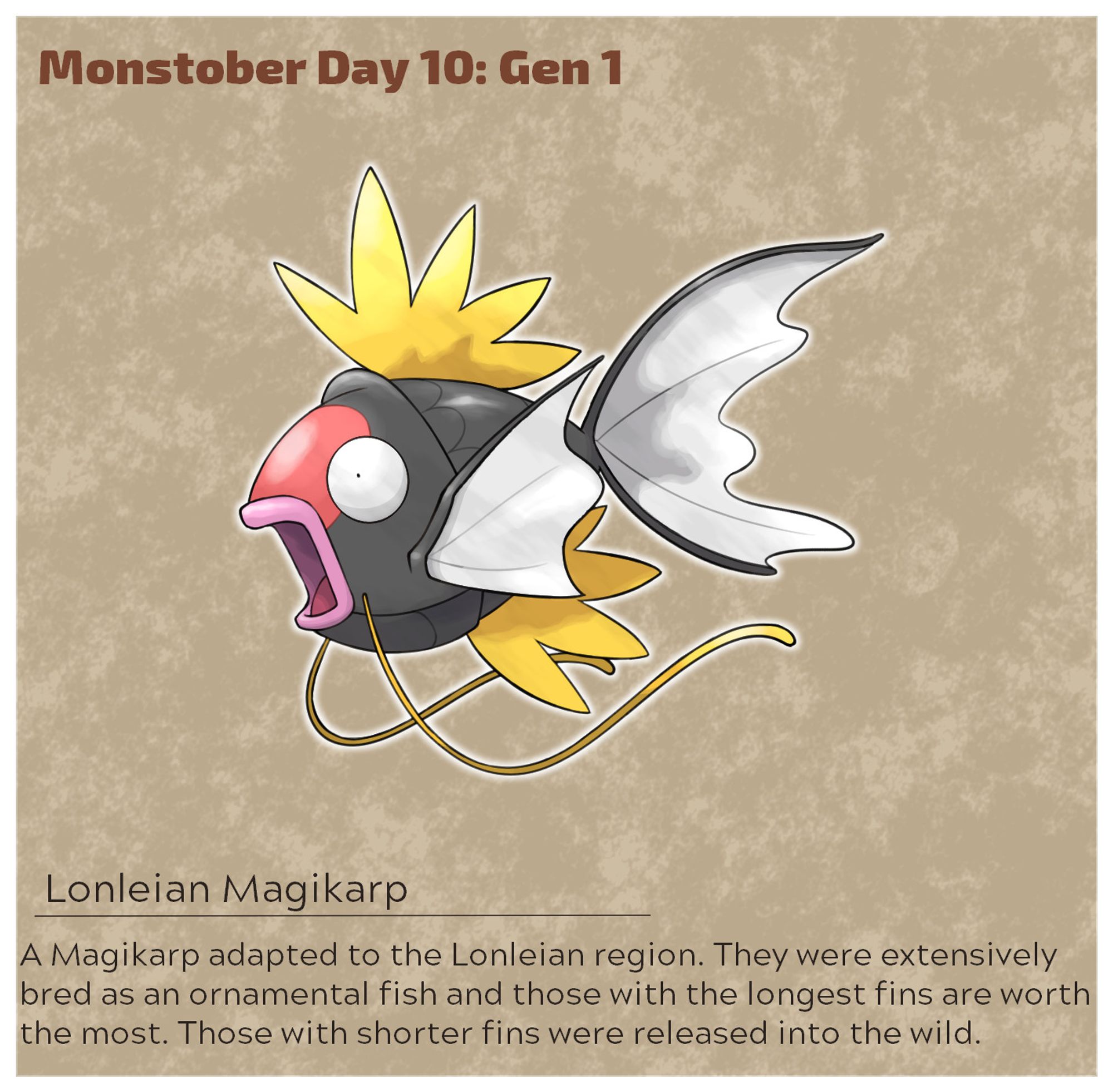 A picture of a fakemon that is a black Magikarp with longer fins and a red spot on its head