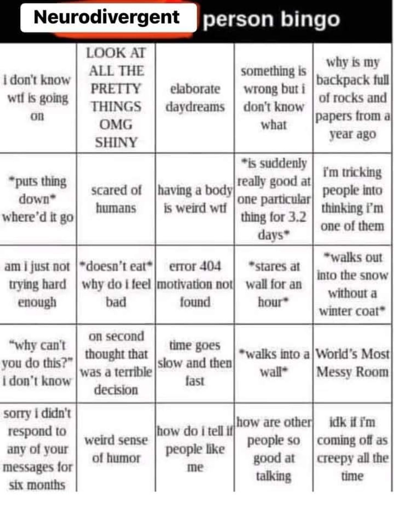 the previous bingo card without any marked squares