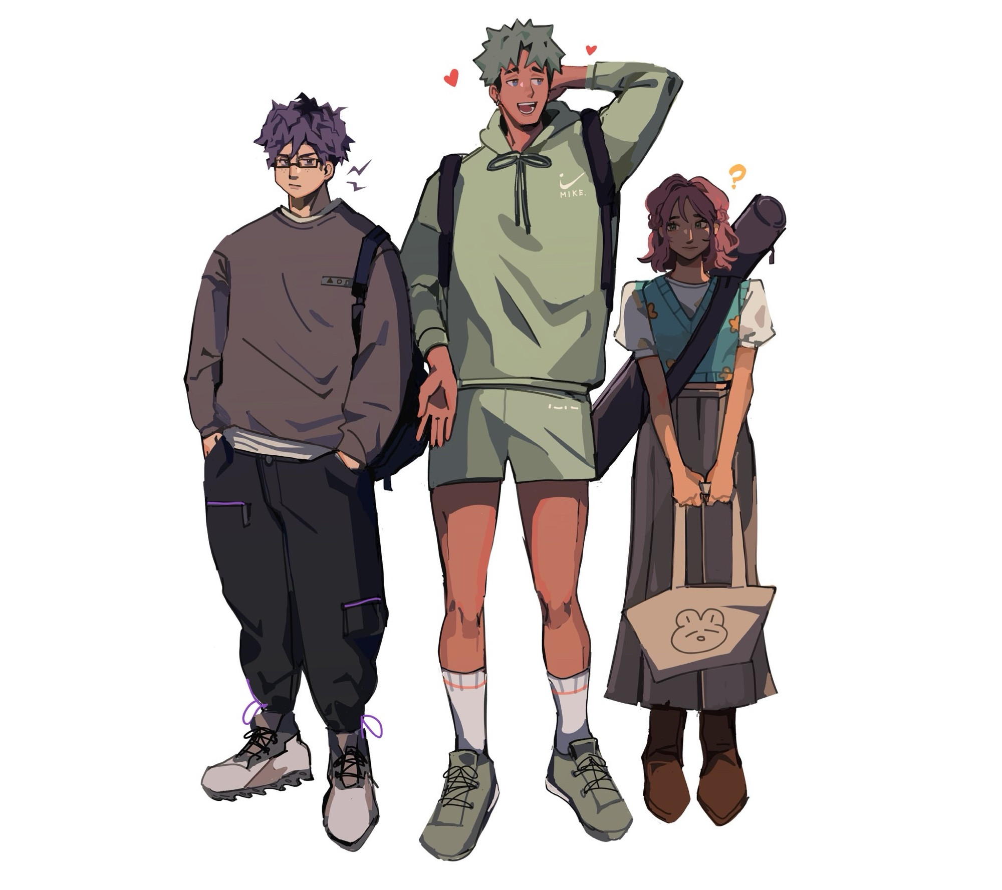 a college-aged trio. grumpy man on the left with seaweed-like hair, freckles, and glasses. bashful, tall man in the middle with a sporty attire. woman on the right, seemingly polite and kind, wearing an easel bag