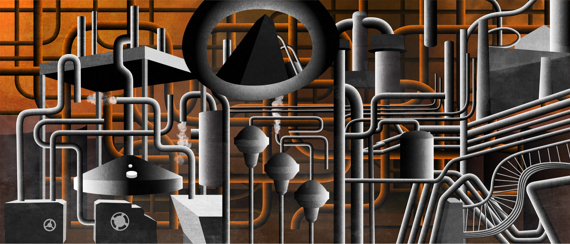 A series of chaotic interlocking black and white tubes and industrial equipment over an orange background.