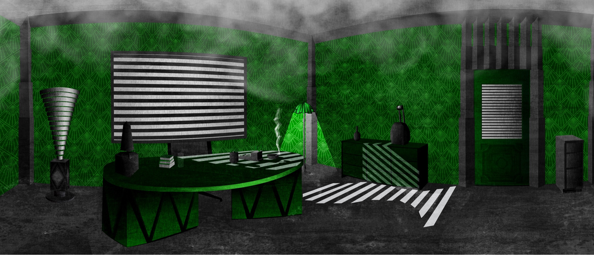 An art deco panorama of an office in black and white with green wallpaper, and a cloud of smoke hovering near the ceiling.