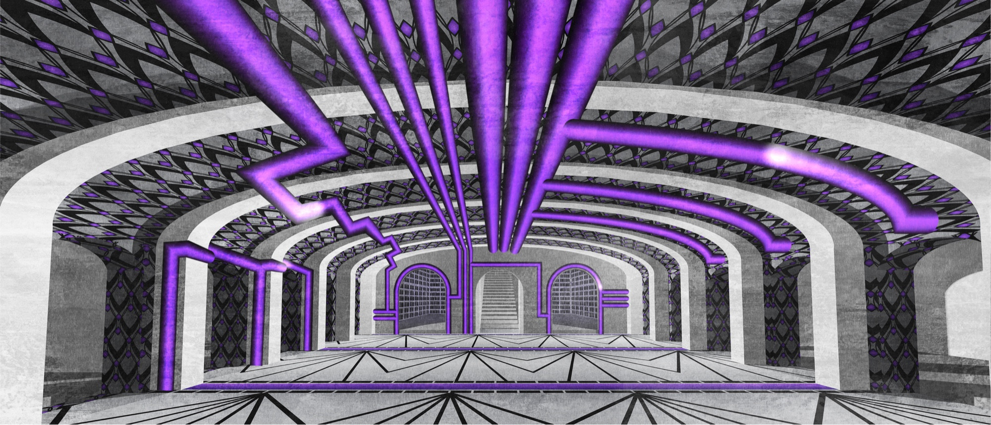 An illustration of the interior of a government building, with art deco wallpaper and patterns on the floor, and tubes with light racing through them. snaking along the walls and ceiling.