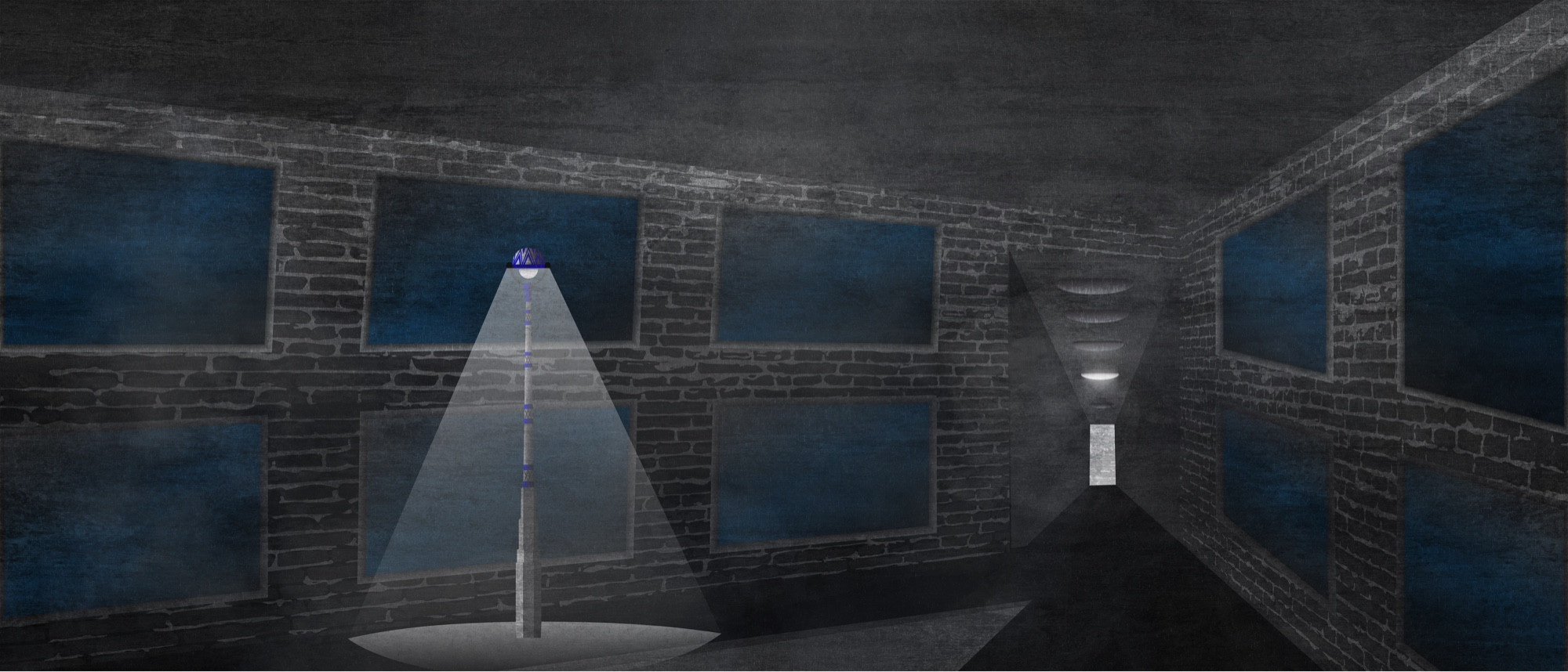 An illustration of a minimalistic alley with an art deco streetlight in front of brick walls with dark blue windows, and a hallway with racing ceiling lights leading into the distance.