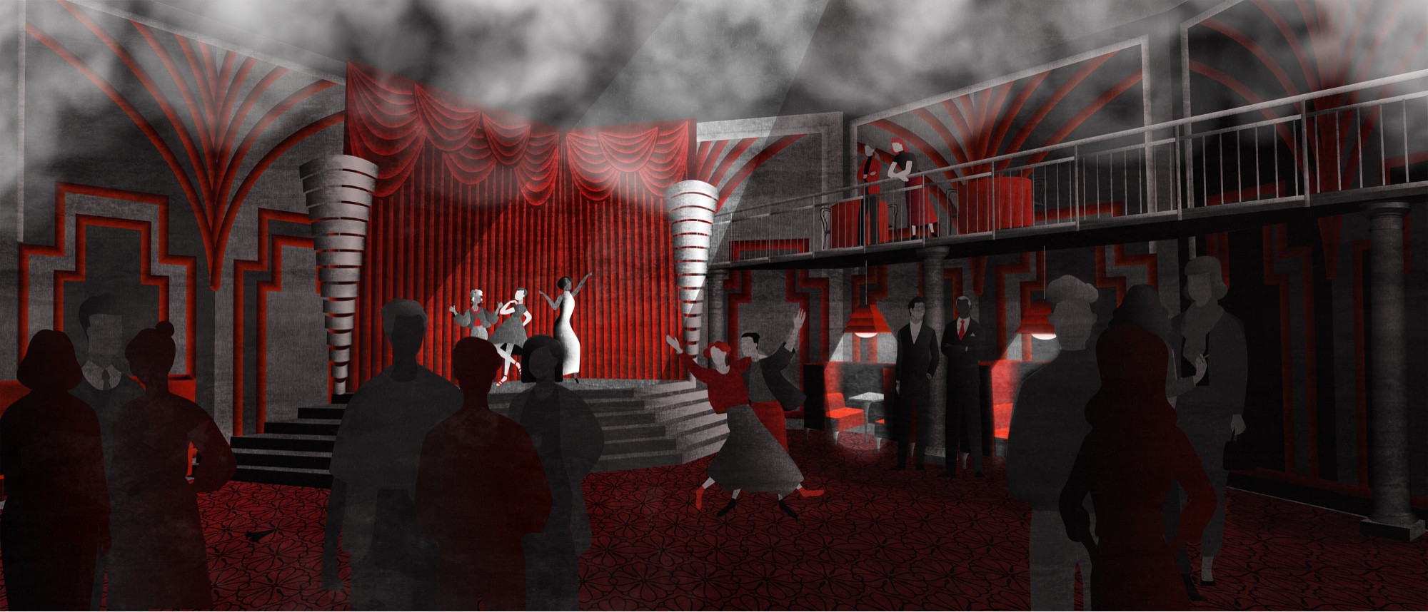 A wide illustration of an art deco nightclub, in black, white, and red, with crowds of minimally rendered people talking and dancing below a haze of smoke.