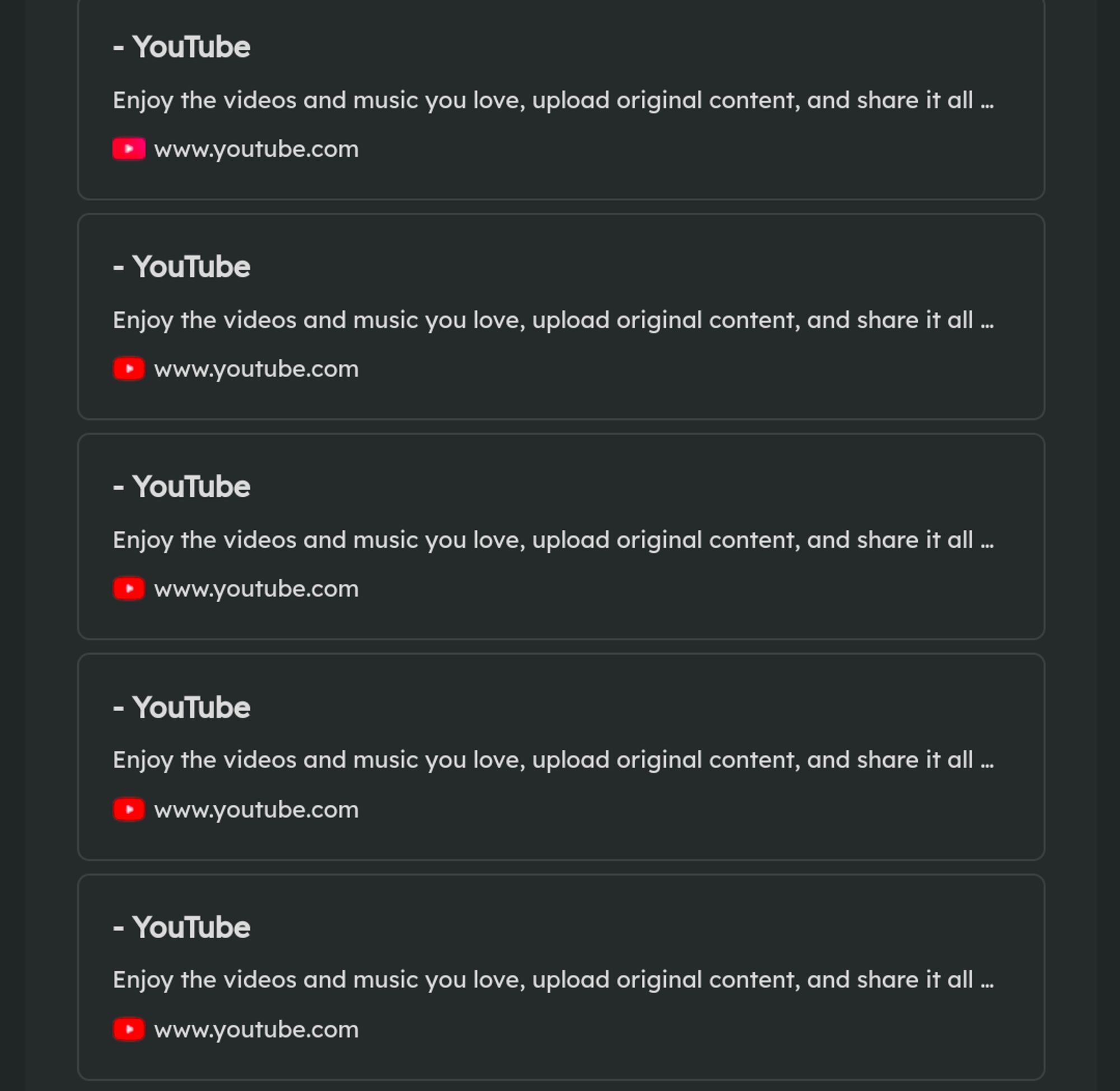 A bunch of YouTube info cards below someone's post with several links to YouTube, info about the title and description of the videos are notoriously missing