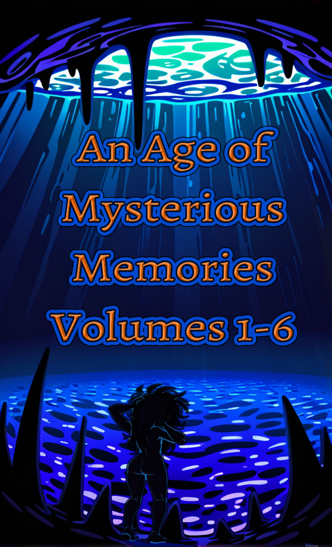 Cover art for An Age of Mysterious Memories, Volumes 1-6 as a set
Reggie Shellcracker, the red-haired Changeling(not that they know they're a changeling yet) in a nebulous space, simultaneously seeming under water, yet also not. The image is framed in a way reminiscent of an open fanged maw, with stalactites and stalagmites nearly meeting in a rounded fashion, Reggie standing holding their head in dismay, within said framing