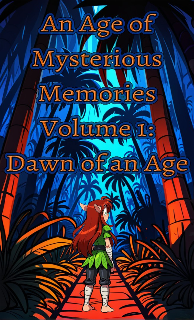 Cover art for An Age of Mysterious Memories, Volume 1: Dawn of an Age
Reggie Shellcracker, the red-haired Changeling(not that they know they're a changeling yet), wearing their leaf-leather clothing, clothes they craft for themselves from giant leathery leaves from the trees of "Jungle Biome", walking an eerie path through a dark and foreboding jungle