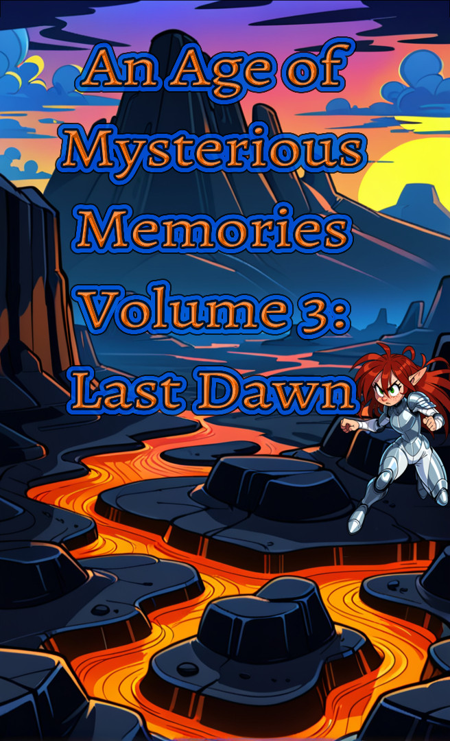 Cover art for An Age of Mysterious Memories, Volume 3: Last Dawn
Reggie Shellcracker, the red-haired Changeling(not that they know they're a changeling yet), wearing silver Valkyrie armor, standing in "Fire Biome" in an action oriented stance, seemingly dashing or leaping as they glare angrily off to one side