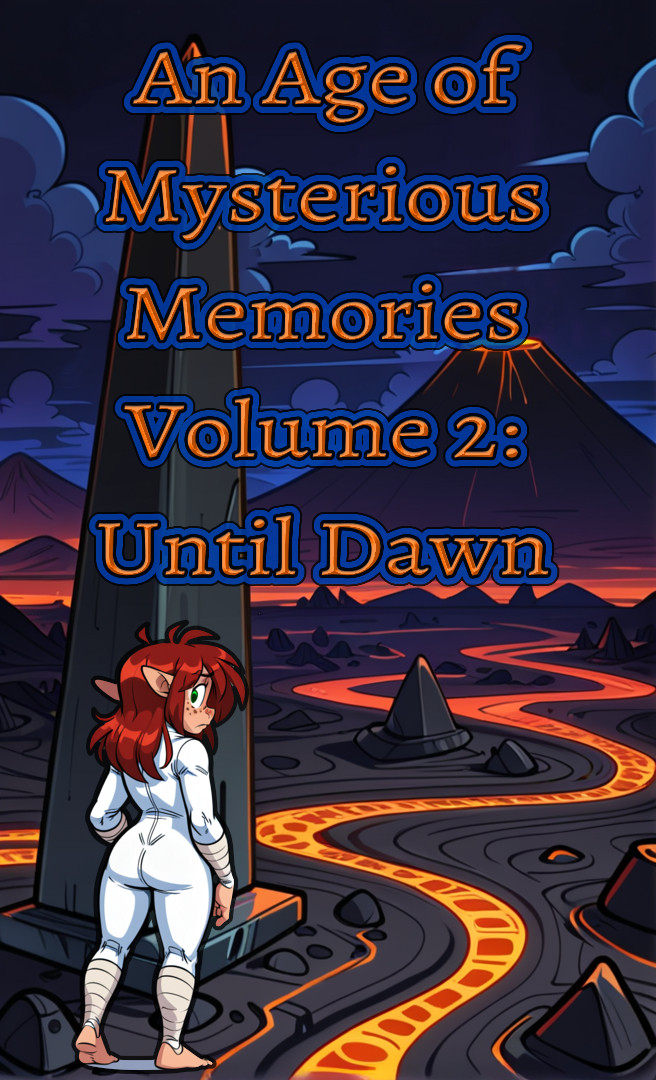 Cover art for An Age of Mysterious Memories, Volume 2: Until Dawn
Reggie Shellcracker, the red-haired Changeling(not that they know they're a changeling yet), wearing white under-armor padding, standing in "Fire Biome" near an obelisk, glancing worriedly over their shoulder, while facing a volcano far in the distance