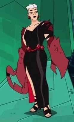 Scorpia from She-Ra, a tall strong woman with scorpion tail and claws. She's wearing a black dress with a thigh-cut.