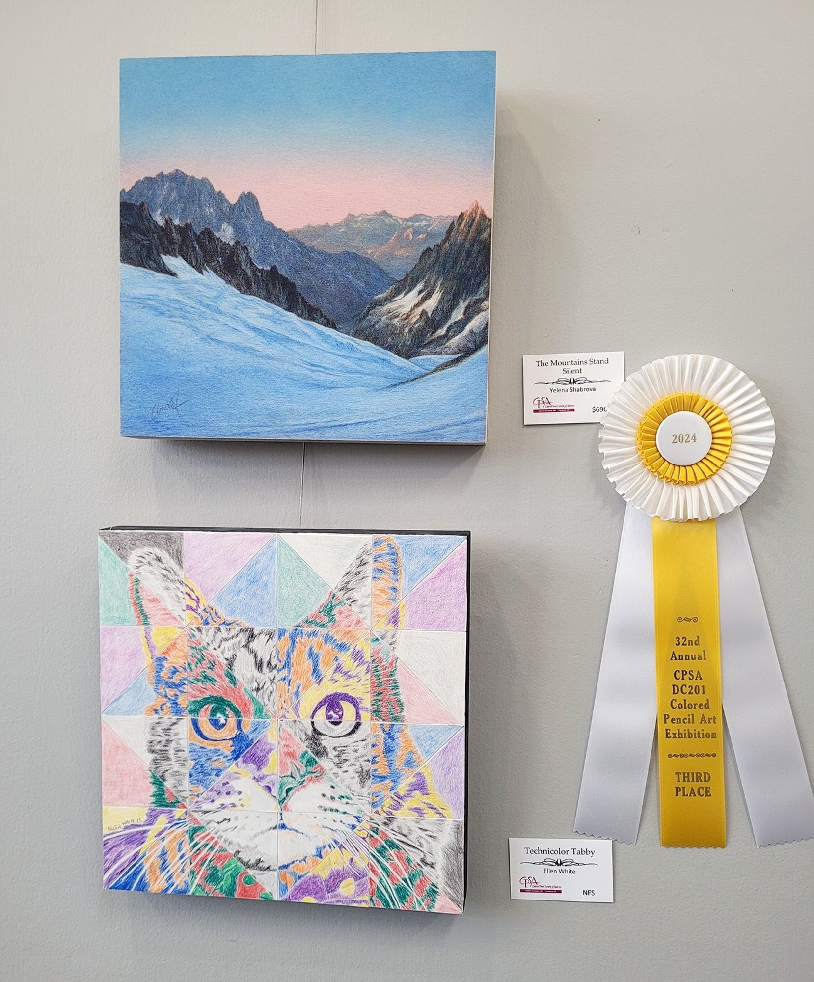 Two square colored pencil drawings in the wall with a white and yellow 3rd place ribbon to the right from the top one