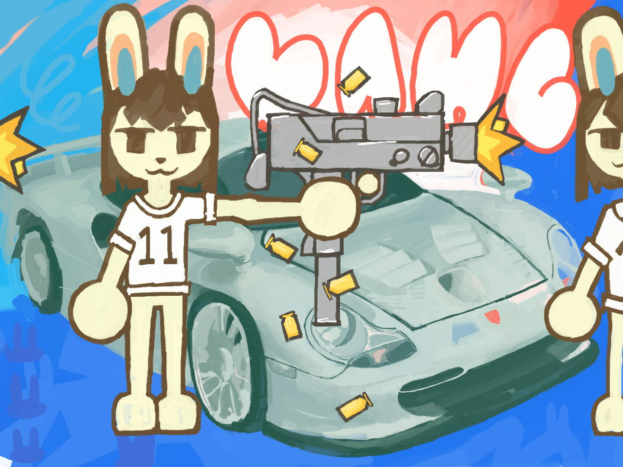 a drawing i made of my blue horned jackalope fursona shooting a comically large mac 10 machine gun in the direction of a drawing of my blue horned jackalope fursona shooting a comically large mac 10 palimpsest over a digital painting of a porsche 996 911 GT1 strassenversion with graffiti bubble text that reads "bang"