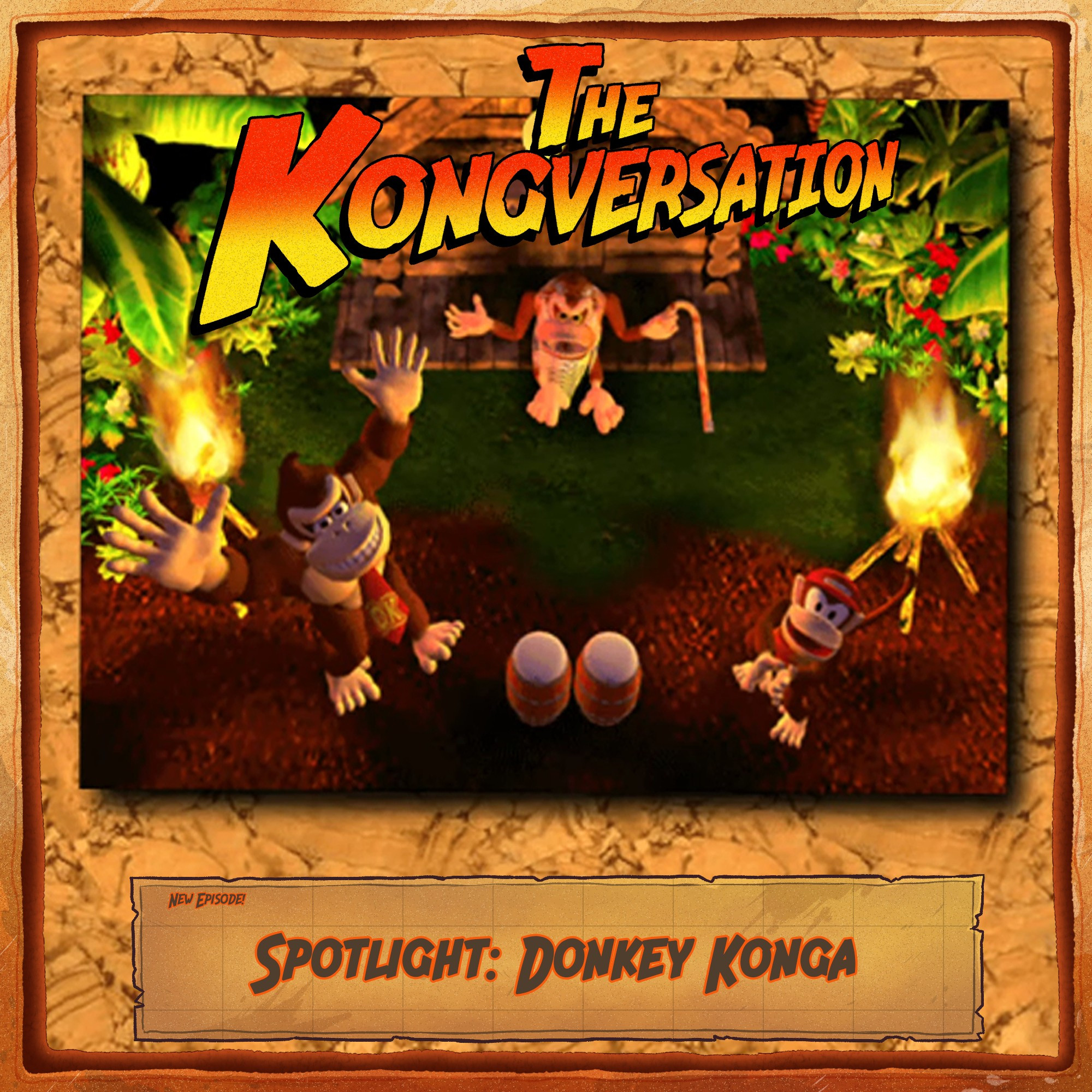 The key art to the Kongversation's "Spotlight: Donkey Konga" episode. A photo is pinned to a corkboard depicting Donkey and Diddy Kong dancing around the DK Bongos in Cranky Kong's torchlit backyard at twilight. Cranky is standing next to his cabin throwing up his hands in exasperation.