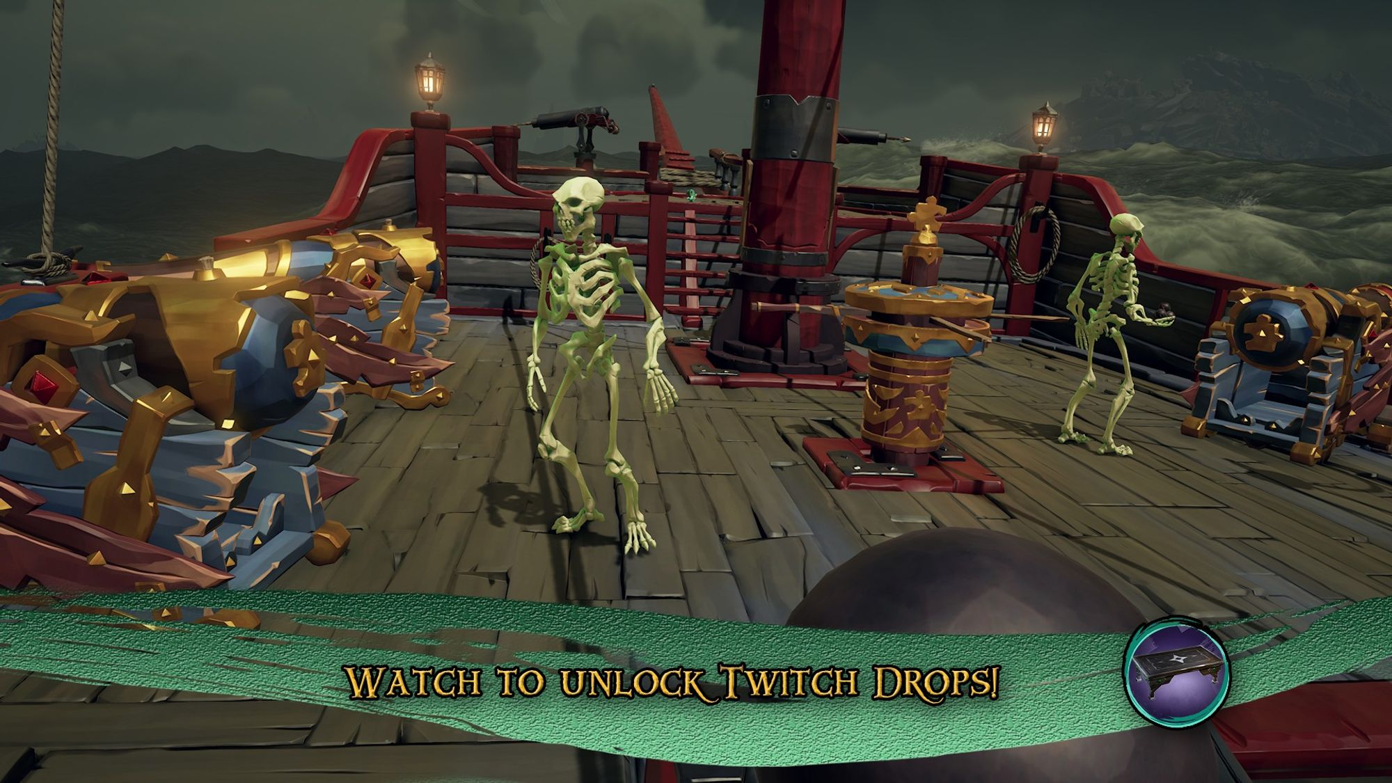 A screenshot from Sea of Thieves. An in-game graphical glitch causes two regular player skeletons to appear as glowing green skeletons standing on the deck of the Dreadfully Evil galleon. A banner at the bottom reads "Watch to unlock Twitch Drops!" with an image of the Obsidian Captain's Table.