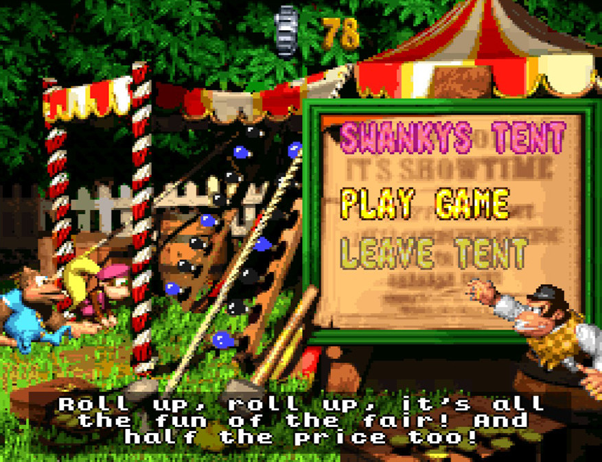 Dixie and Kiddy Kong approaching the Swanky's Sideshow tent.

Swanky Kong: "Roll up, roll up, it's all the fun of the fair! And half the price too!"

Screenshot from Donkey Kong Country 3: Dixie Kong's Double Trouble!