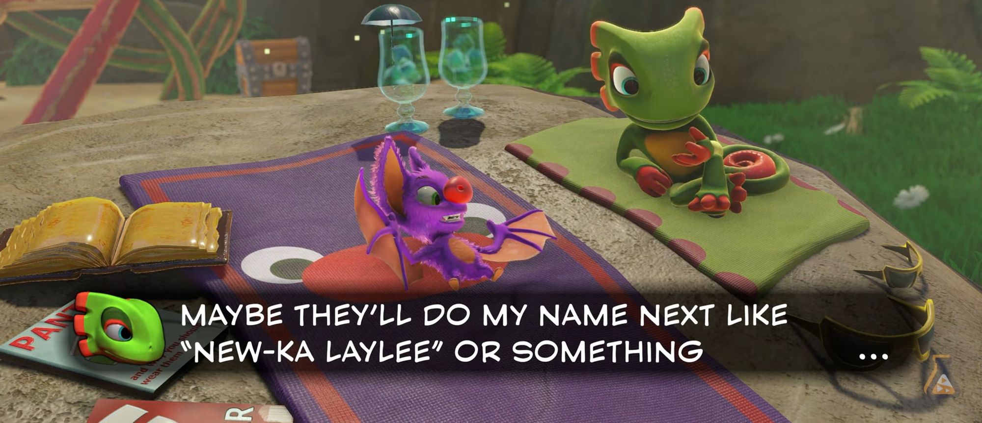 Yooka and Laylee lay on their beach towels on a rock in Shipwreck Creek with drinks, a Mr. Pants catalog, and the One Book nearby.

Yooka: "Maybe they'll do my name next like 'New-Ka Laylee" or something..."

Cropped screen grab from the Yooka-Replaylee trailer.