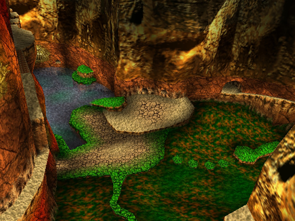 The landscape of Banjo-Tooie's Terrydactyland from above, with absolutely no phallic-like imagery in the islands and peninsulas extending into the marsh. I said PENINSULAS.