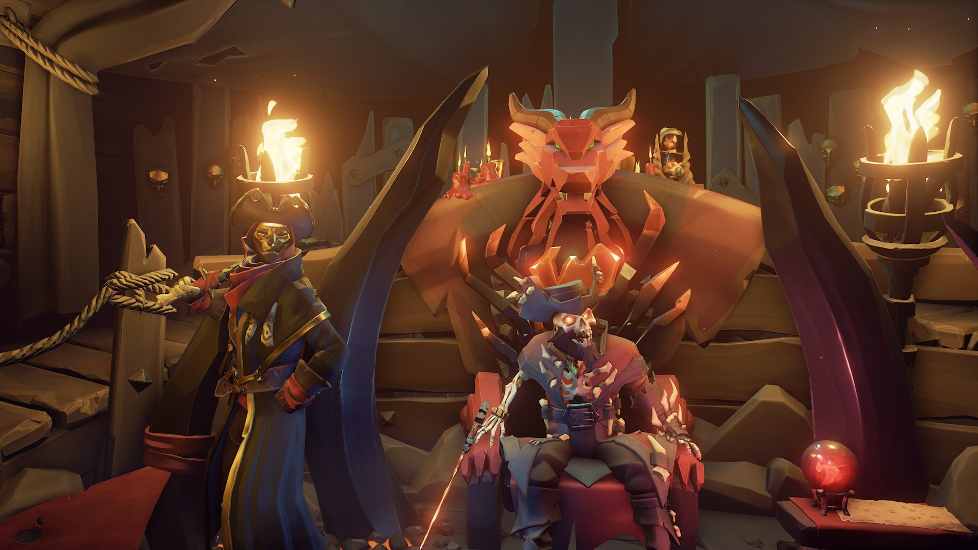 Captain Flameheart, an angry bearded Skelly, sits on his throne in the Reaper's Hideout, as the masked Servant of the Flame stands to his right. Screenshot from Sea of Thieves.