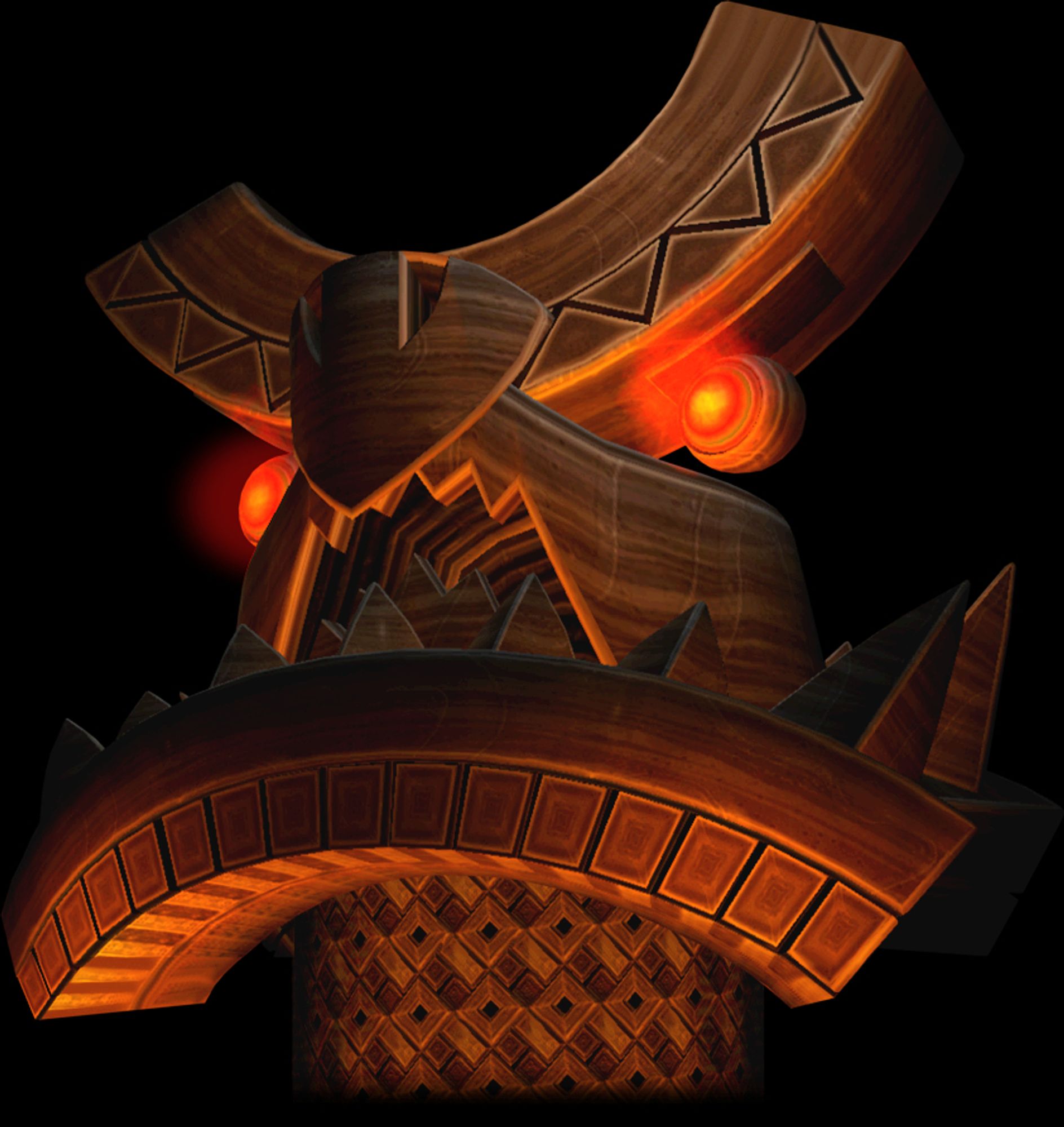 The top of Tiki Tong Tower with glowing red eyes and a snarling toothy mouth. Character artwork from Donkey Kong Country Returns.