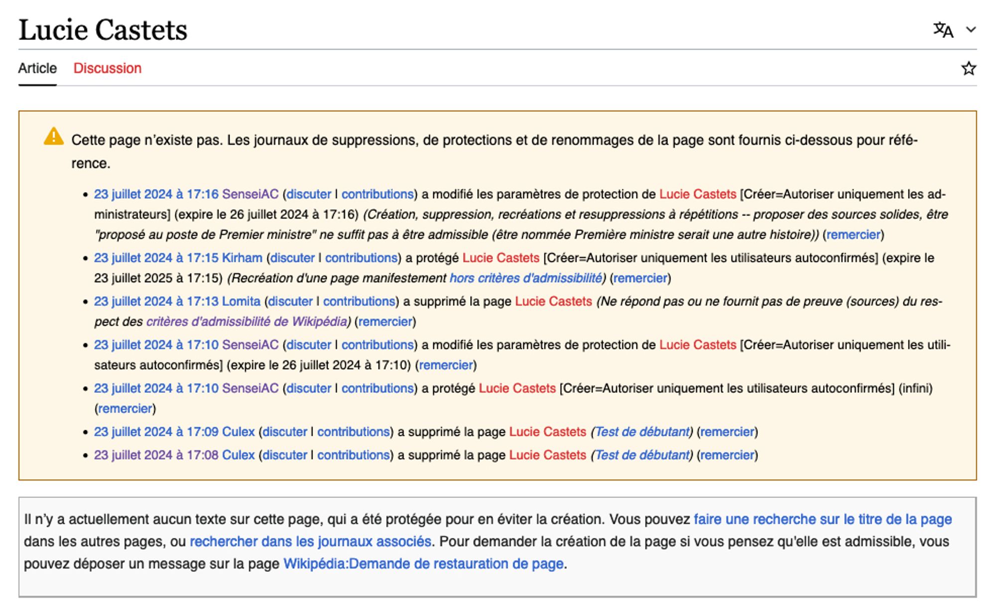 Capture d’écran de l’état de la page, absente à 20:40 aujourd’hui. On y lit plein de suppressions de la page en cascade.