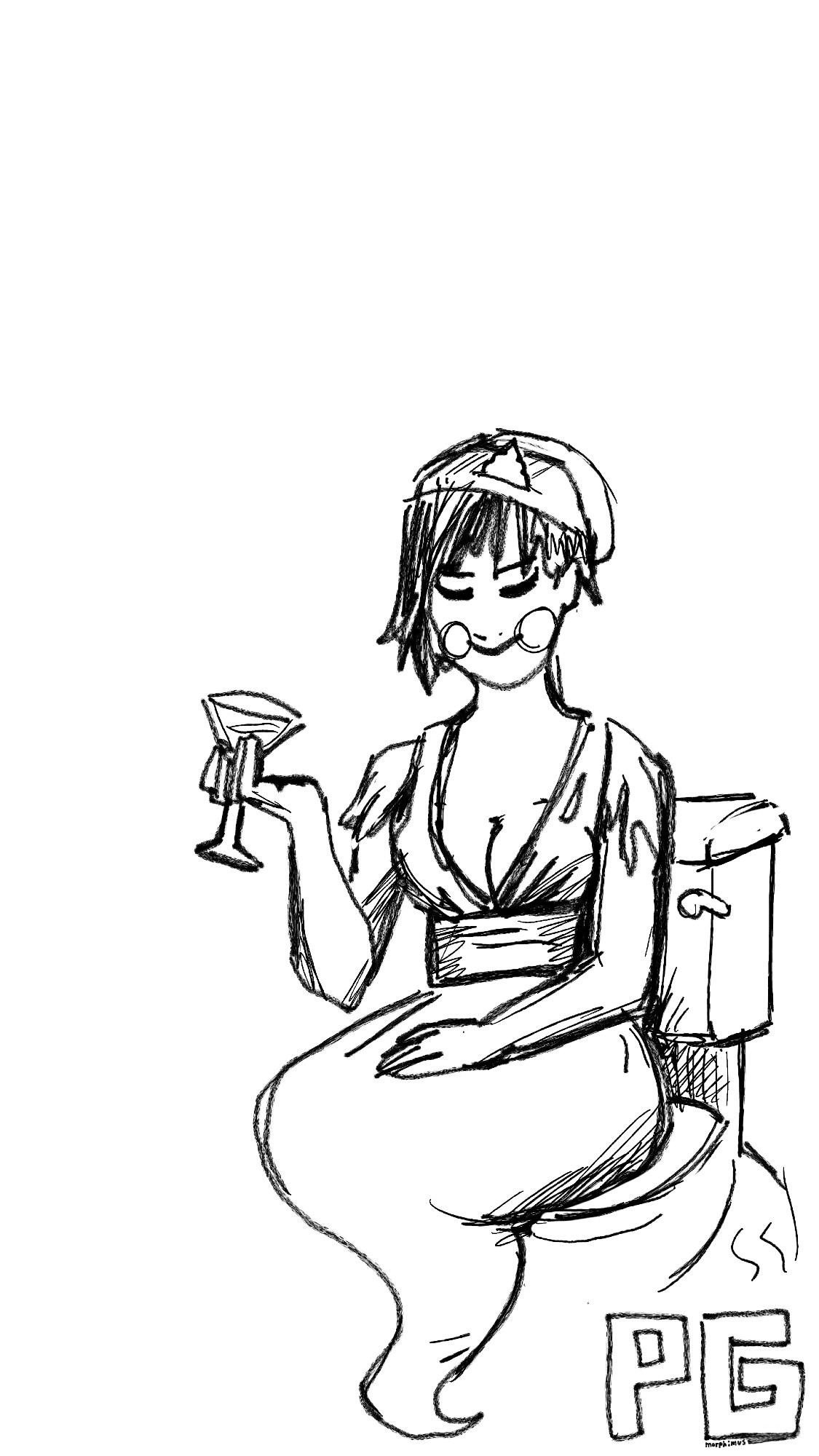 Sketchy black and white drawing of a ghostly woman with disheveled clothes and a beanie holding a martini and sitting on a toilet. the signature in the bottom right says PG.