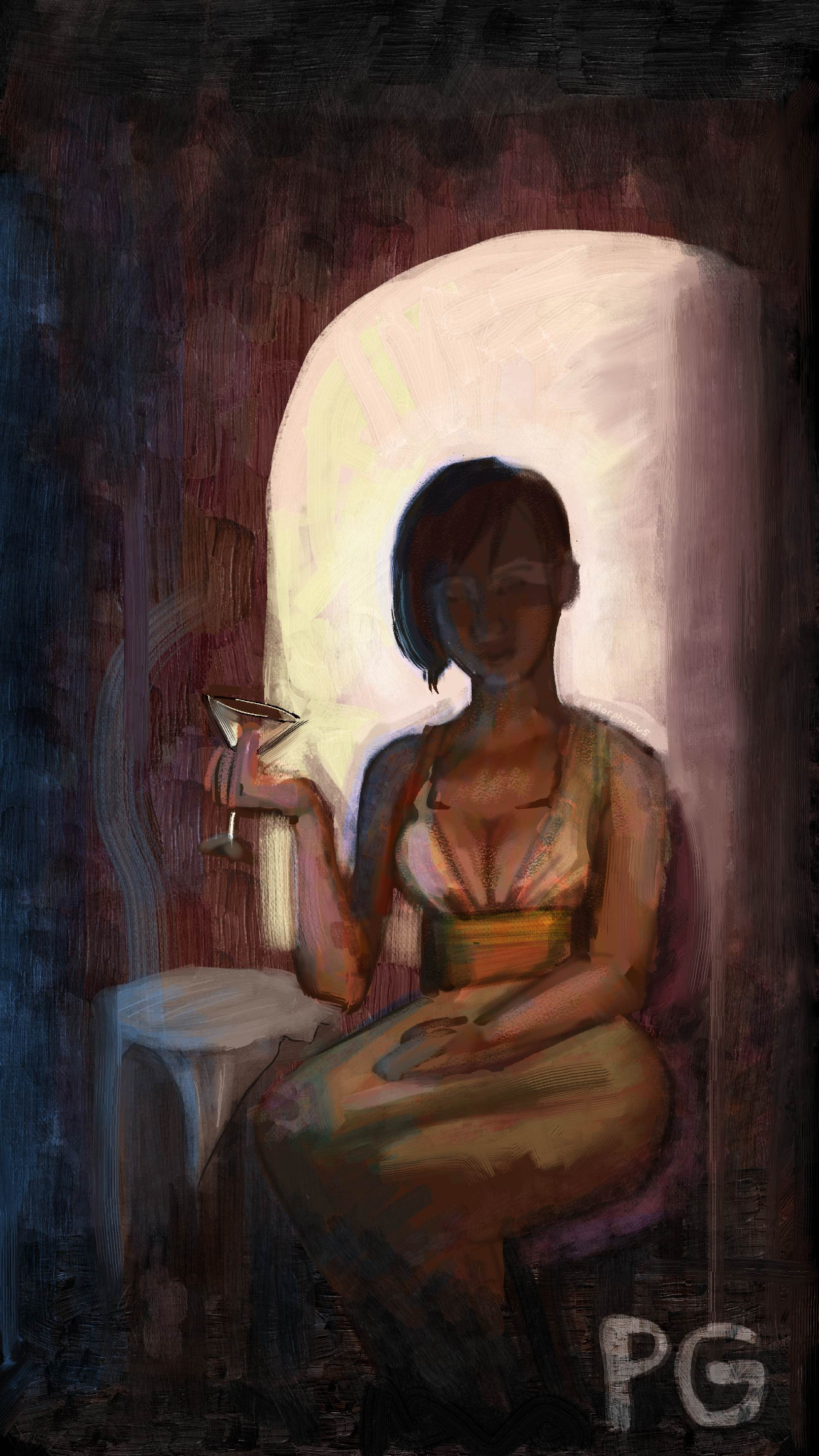 Painting of a woman with a martini, sitting in the dark in front of an open door. Her face is obscured by shadow. The signature in the bottom right says PG.