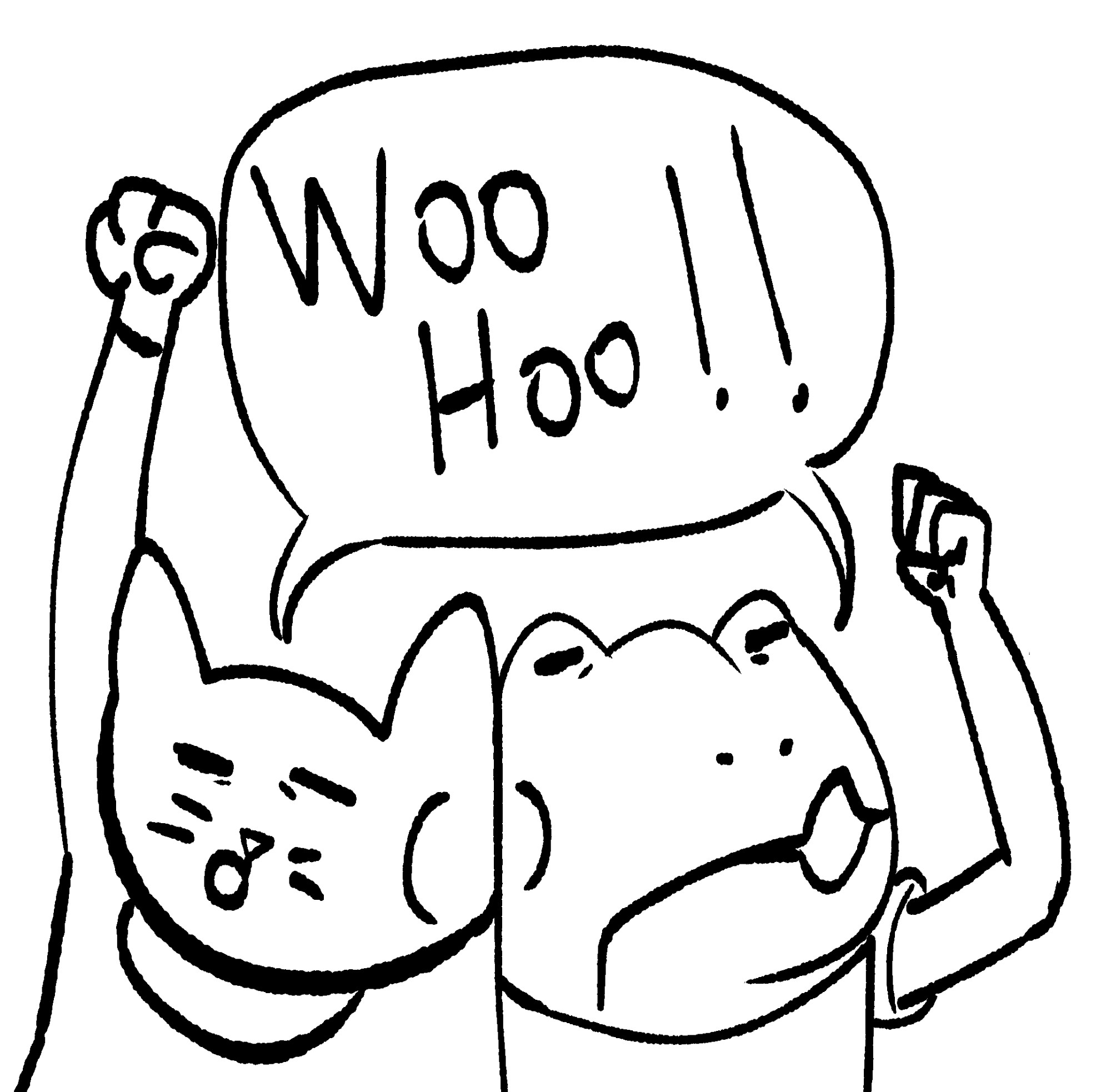 a cartoon frog and a cartoon cat drunkenly exclaiming woohoo with arms raised up in celebration 