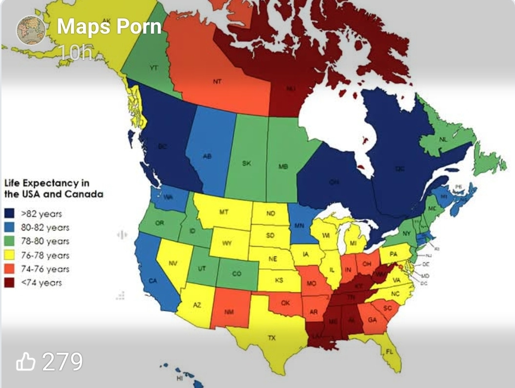 Map of life expectancy for states and provinces ca is over 80
