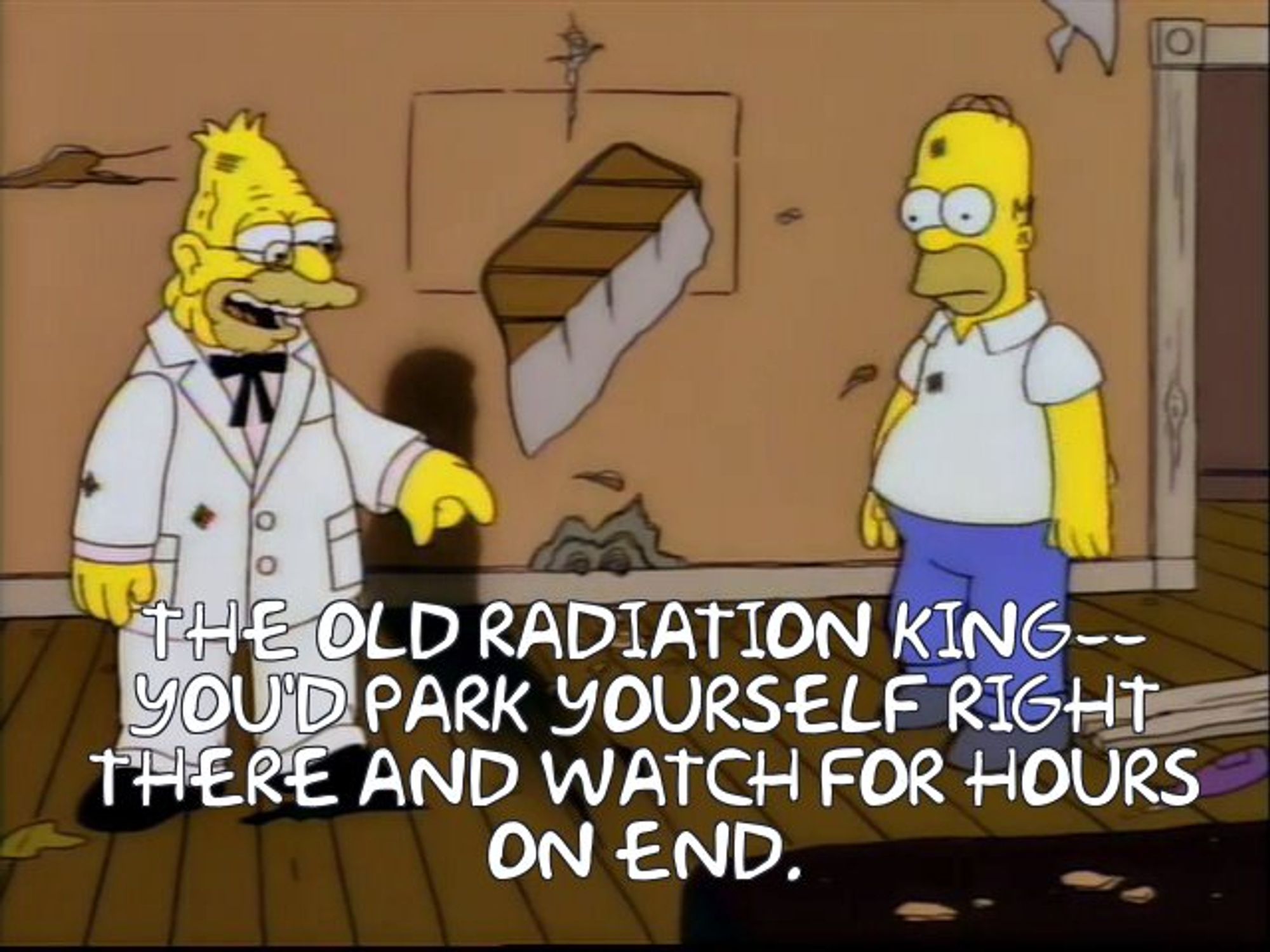 Abe Simpson pointing out the old family TV to Homer, whose decades-old shadow is burned on the floor and wall. Text reads: "The old Radiation King--You'd park yourself right there and watch for hours on end."