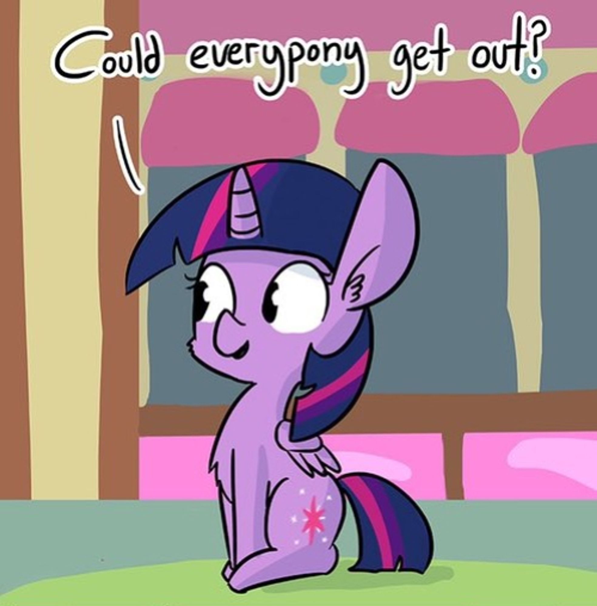 My Little Pony's Twilight sitting, speaking: "Could everypony get out?" (First of two images)