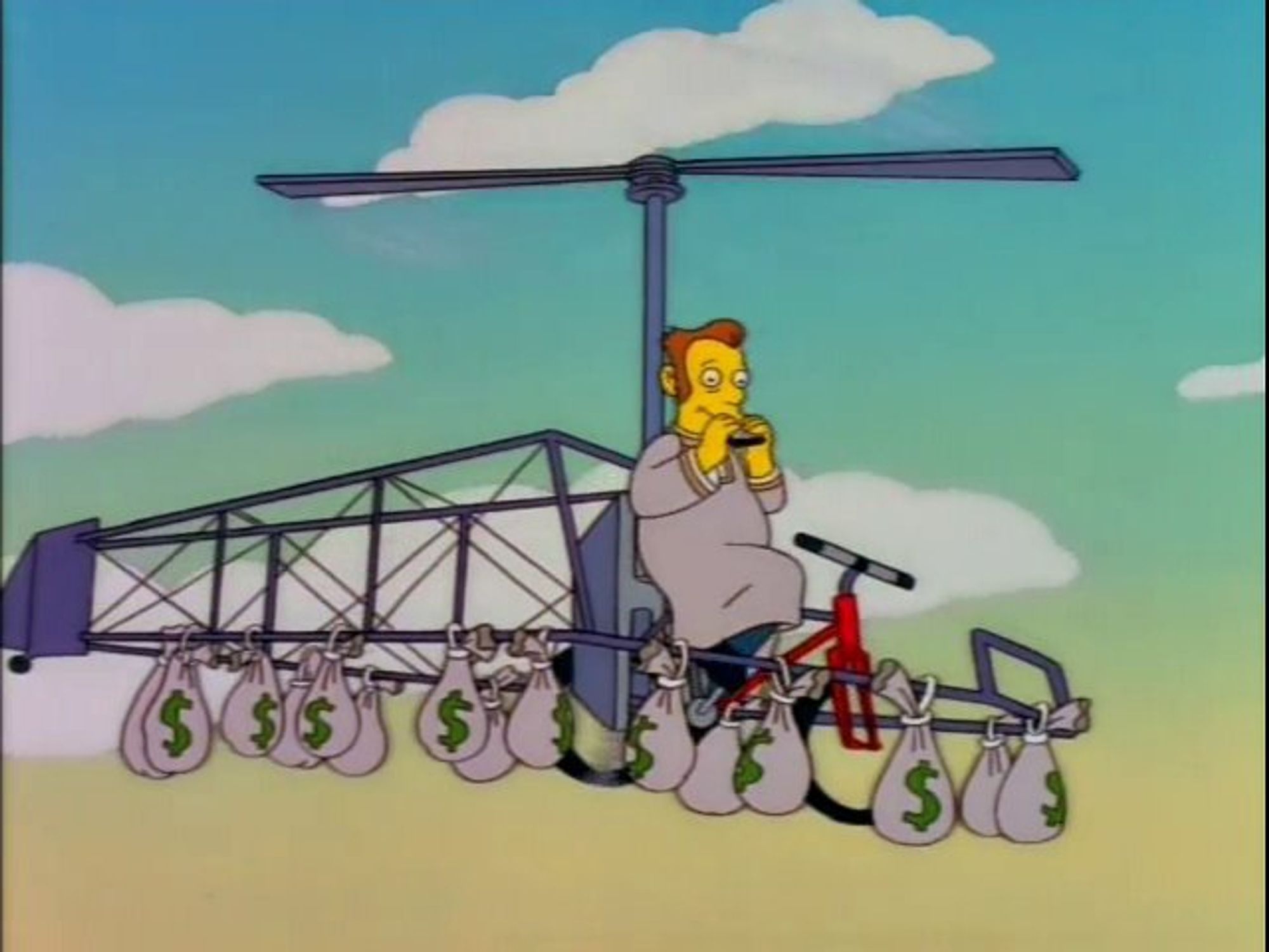 The Simpsons' defrocked cult leader making his getaway on his "spaceship"