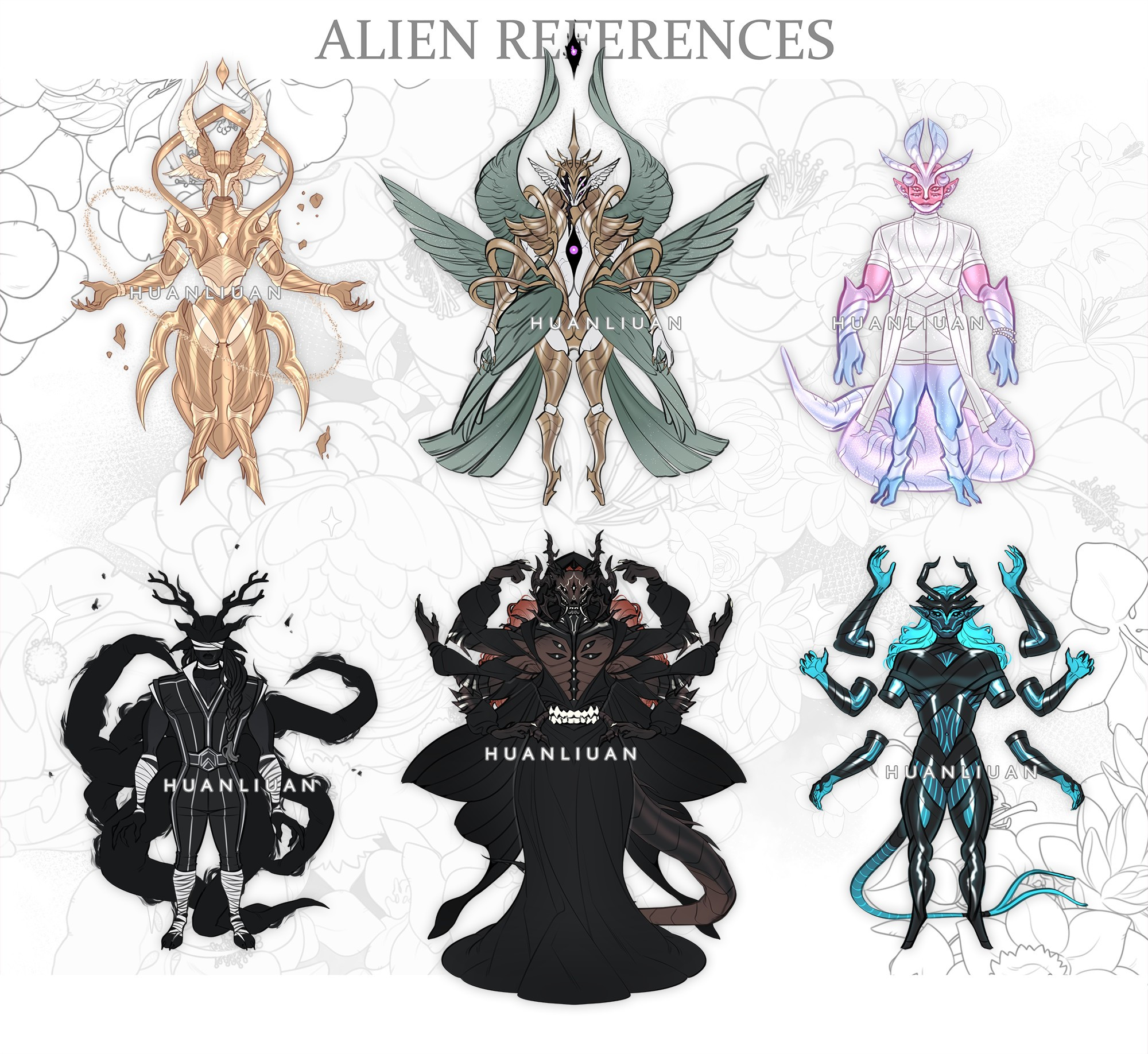 A lineup of six of my alien characters. From left to right, top to bottom:
1. Gaea, a golden humanoid with angel motifs. 2. Tetra, a green, gold and white humanoid with angel motifs. 3. May, a pink-blue ombre space alien with more animalistic features. 4. Ink, a black humanoid with deer antlers. 5. Echo, a dark brown and black monsterous alien with a mouth for a waist. 6. Rael, a black and blue humanoid with animalistic features. 