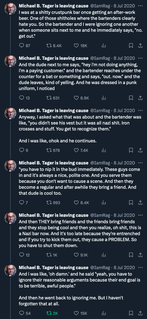 Twitter thread by Michael B. Tager @IamRageSparkle about a punk bar taking immediate action to not become a nazi bar.