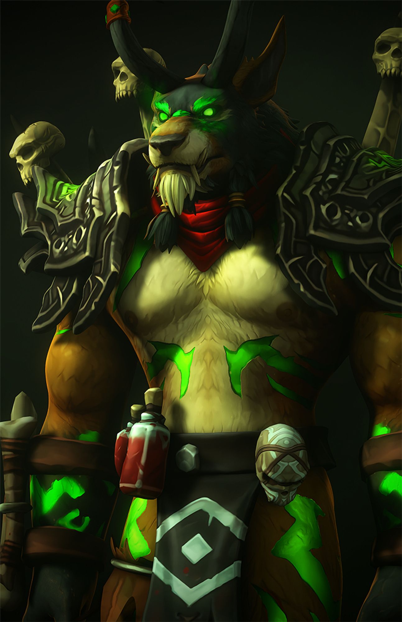 A picture of a male Worgen wearing interesting looking Warlock + Demon Hunter gear. #yiff