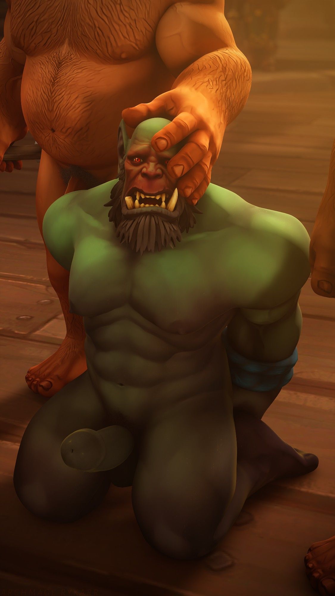 A nude male Orc is on his knees with his hands bound behind his back. His expression is one of nervousness, but he is also blushing and sporting an erect penis. Two nude Kul'tiran male humans stand beside him; one is grabbing onto the Orc's head with his large hand. #dorc #bbh