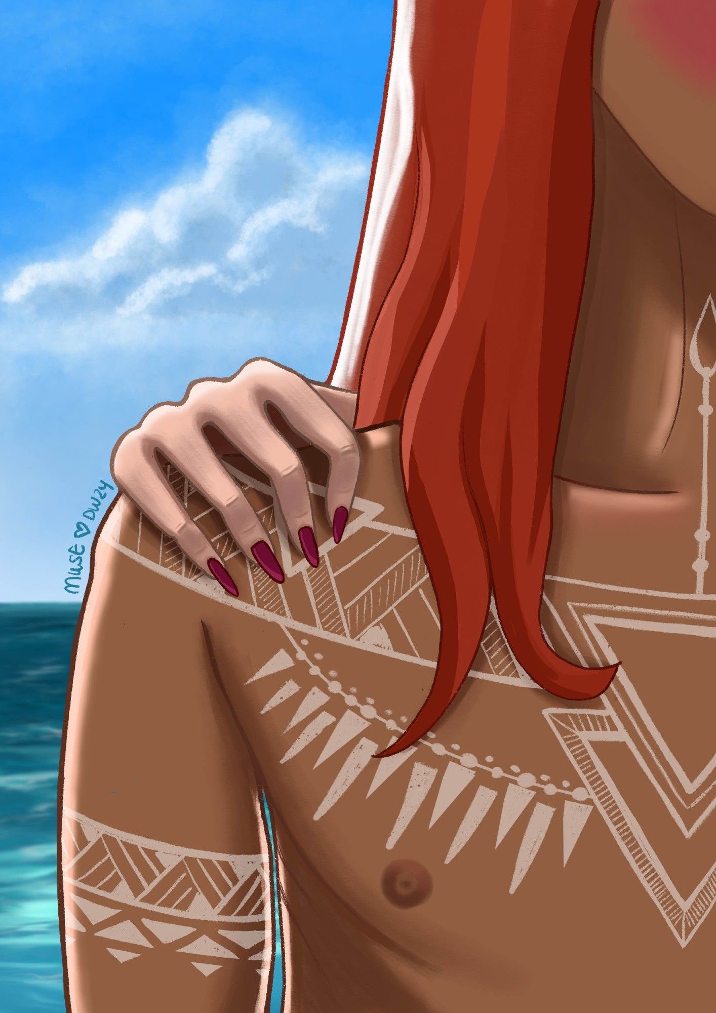 glow-up!aster's hand on dante's shoulder. they are standing in front of the ocean. all we can see of dante is part of his face, but he's blushing