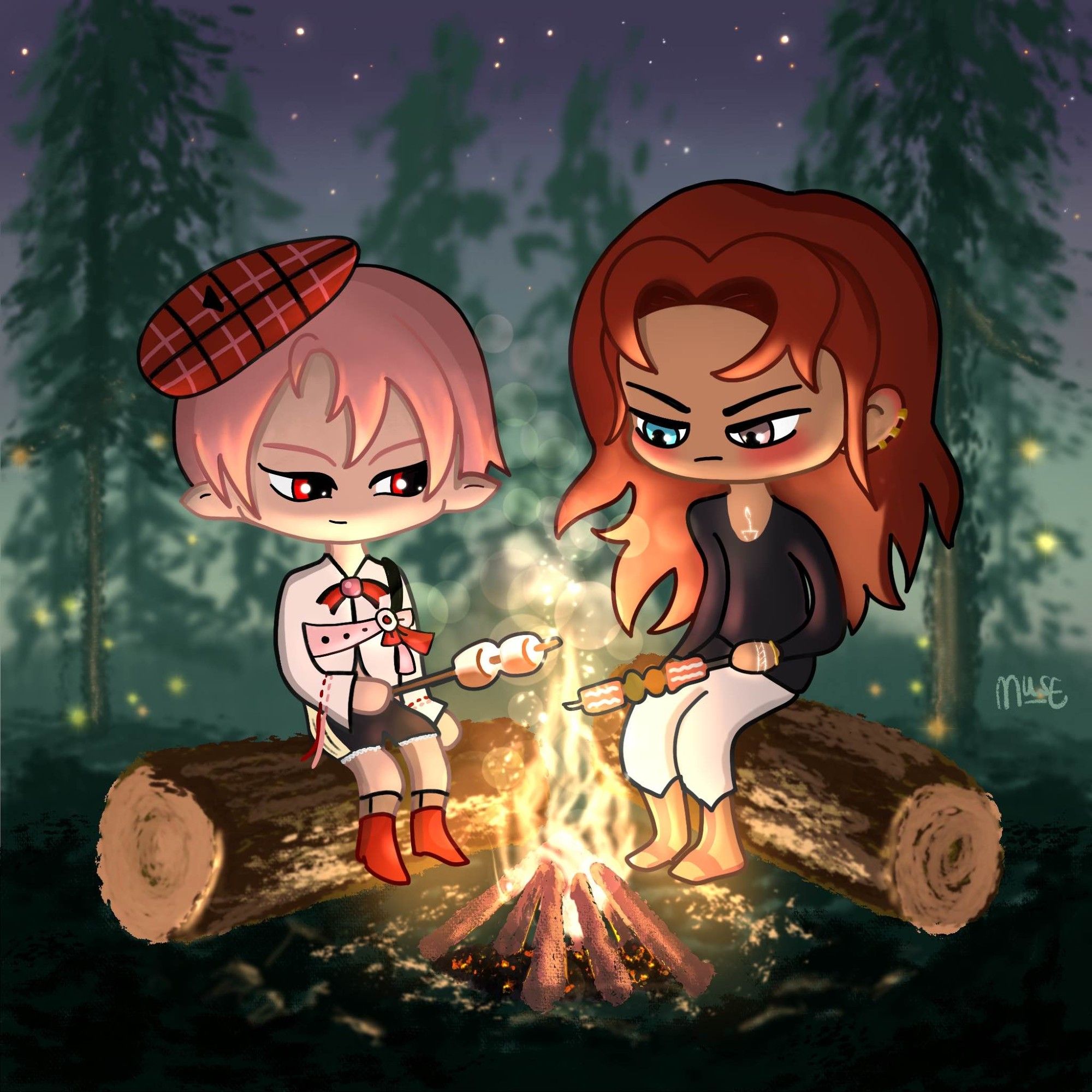 chibi aster and dante roasting marshmallows over a fire