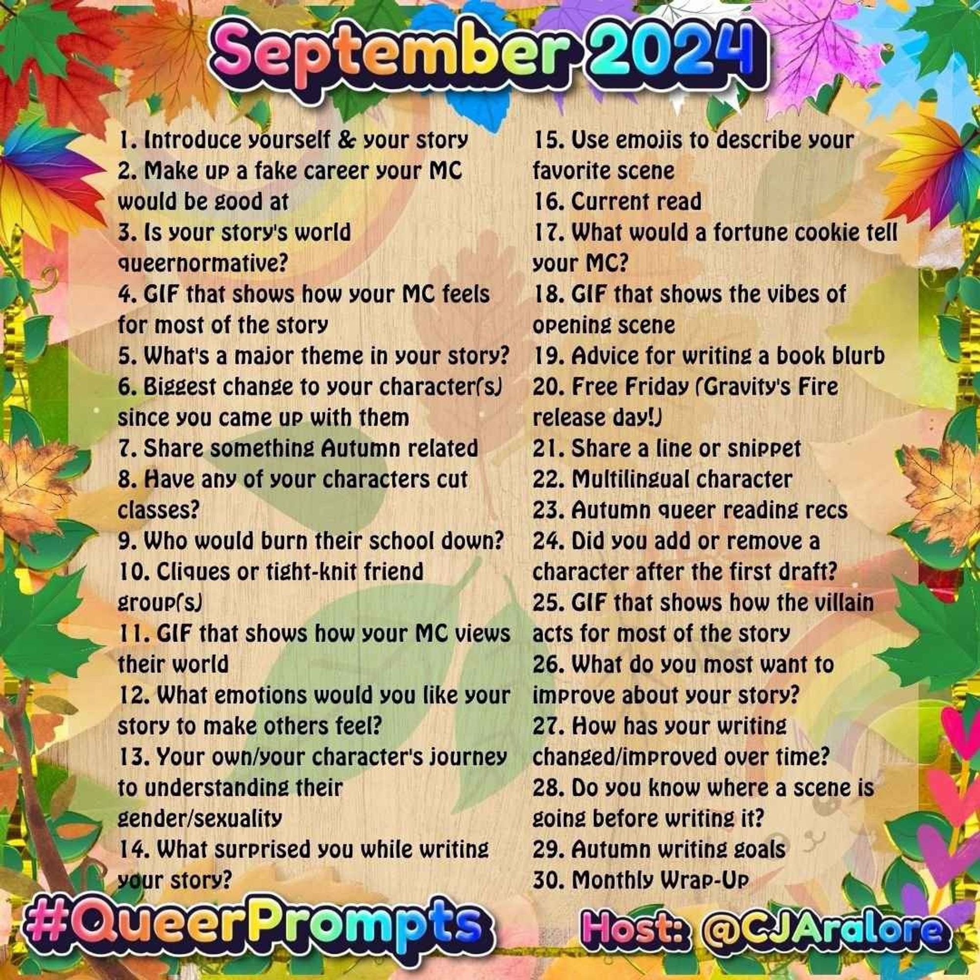 30 daily prompts for September's #QueerPrompts, hosted by @CJAralore !