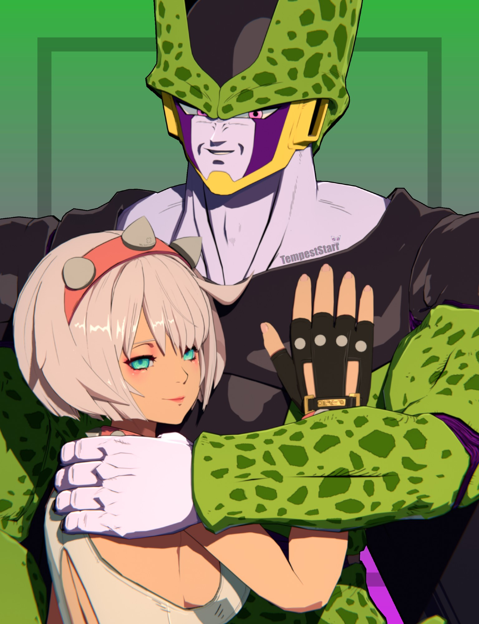 A render of Elphelt Valentine from Guilty Gear Strive hugging Perfect Cell from Dragon ball Z, made in Blender