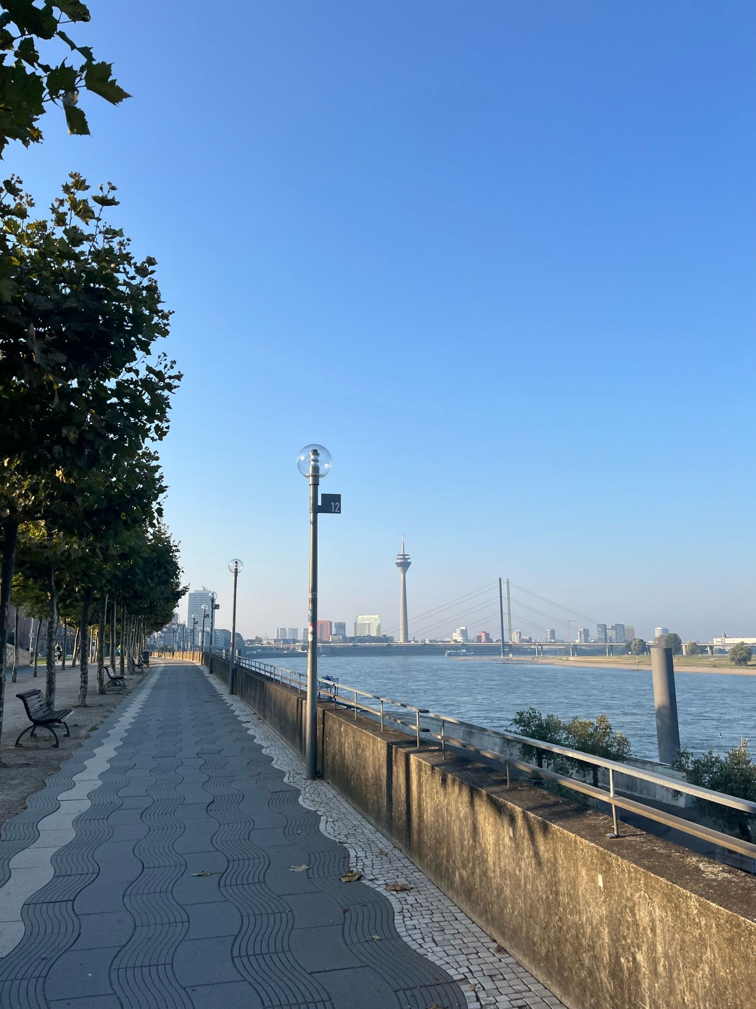 Das Rheinufer im hellen Morgenlicht, am Horizont der Rheinturm