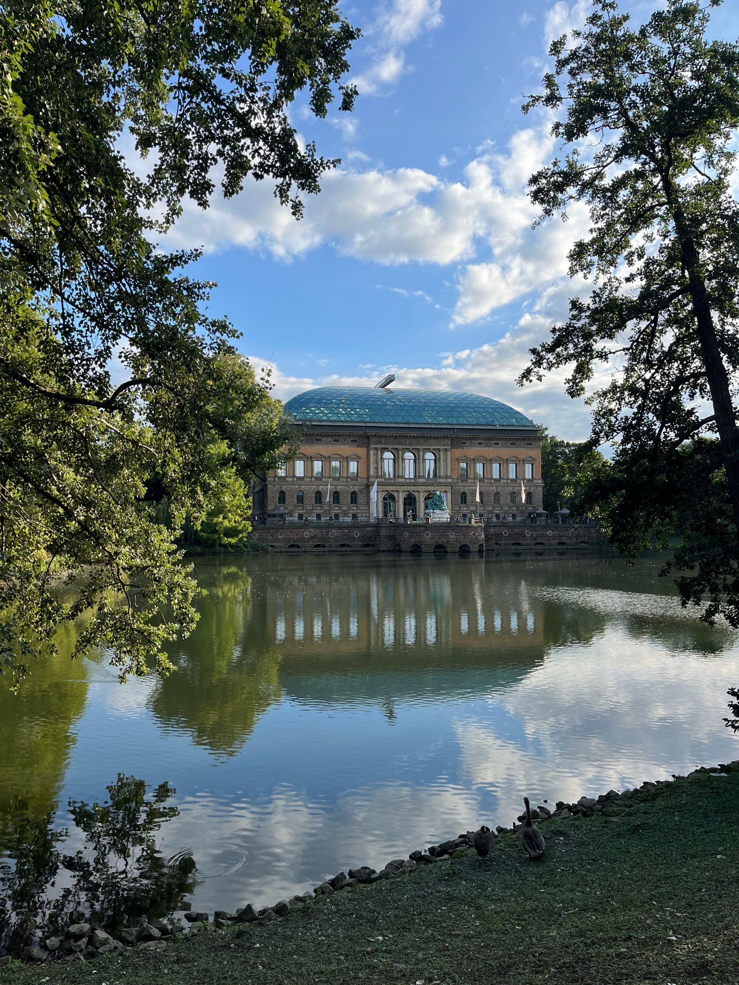 Das Ständehaus in Düsseldorf mit Bäumen und blauem Himmel spiegelt sich im Wasser