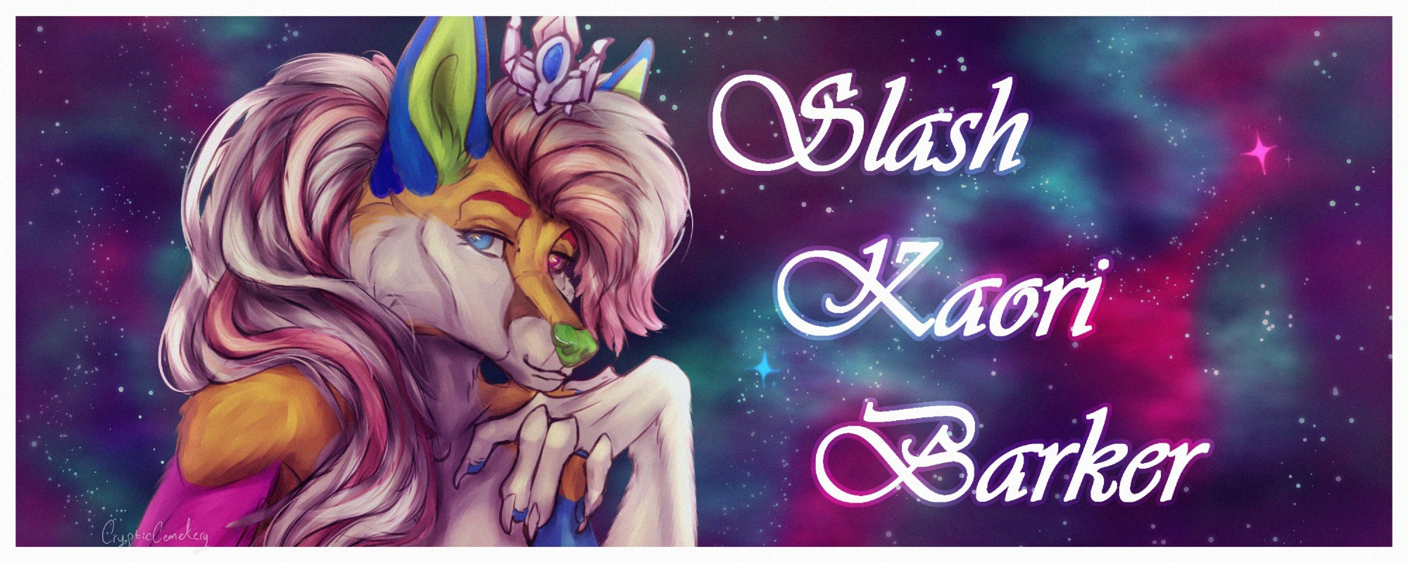 An edit of the original piece to fit the aspect ratio of a discord banner, completed with a hand painted galaxy-like background and the name of the fursona written in white, "Slash Kaori Barker"