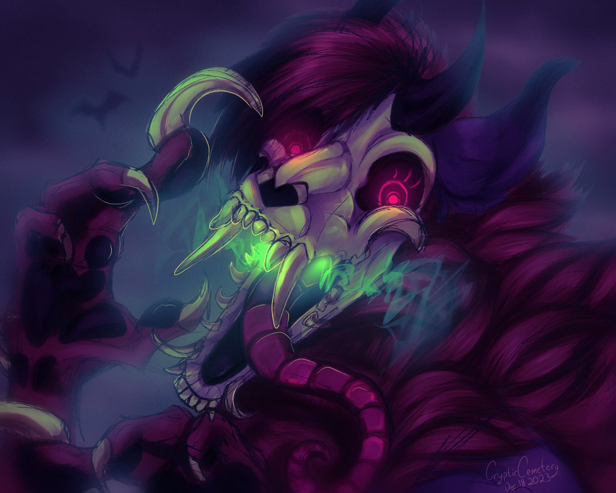 {alternative colors] A red and blue skull fox with green smoke coming from her mouth