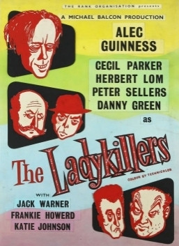 The film poster for 'The Ladykillers', a 1950s British dark comedy.  Caricatures of the five male leads, Alec Guinness, Cecil Parker, Herbert Lom, Peter Sellers and Danny Green adorn the poster.