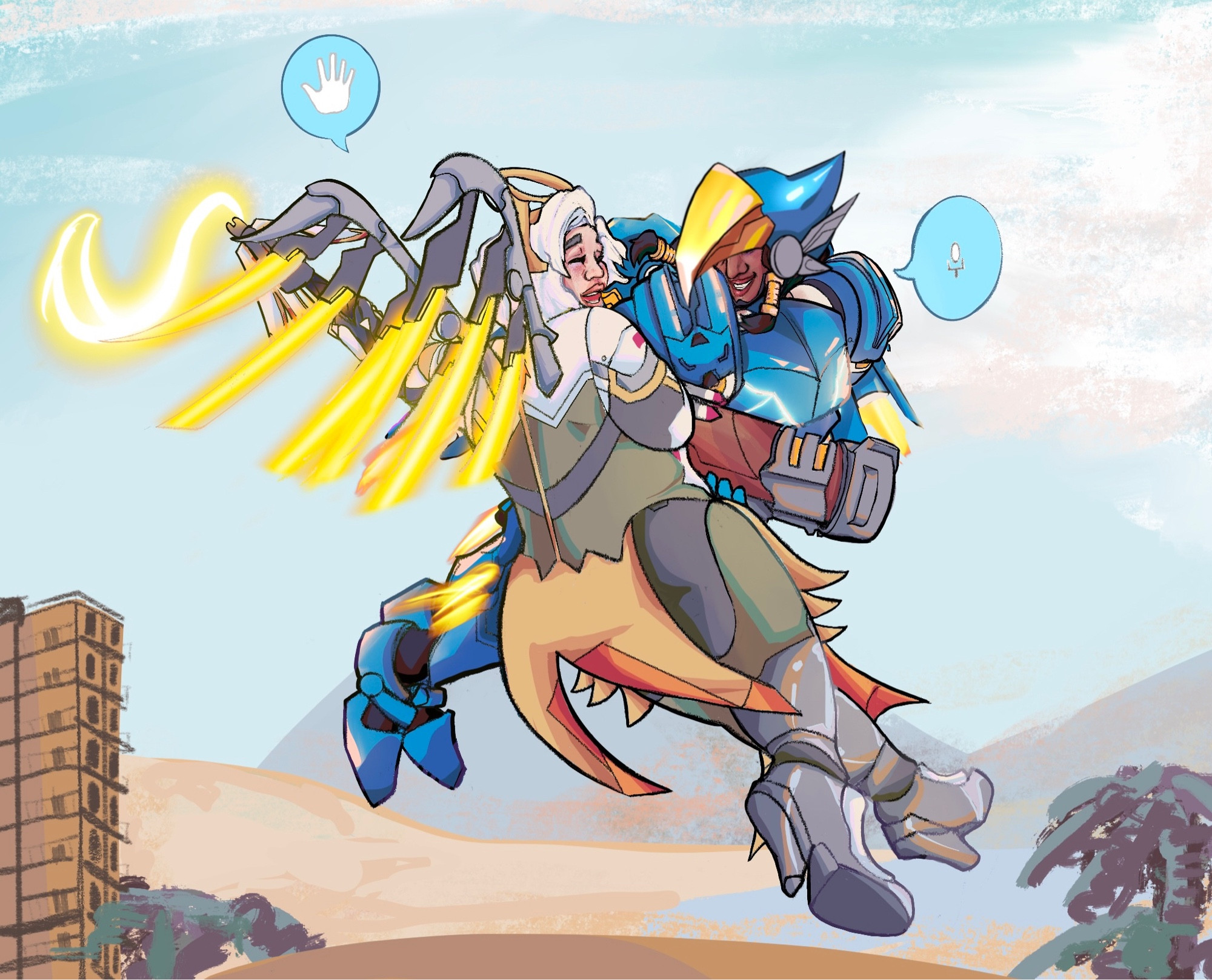 Pharah and Mercy from Overwatch flying over the skies of a desert. Pharah is emoting a voiceline at Mercy as Mercy emotes "hello!"