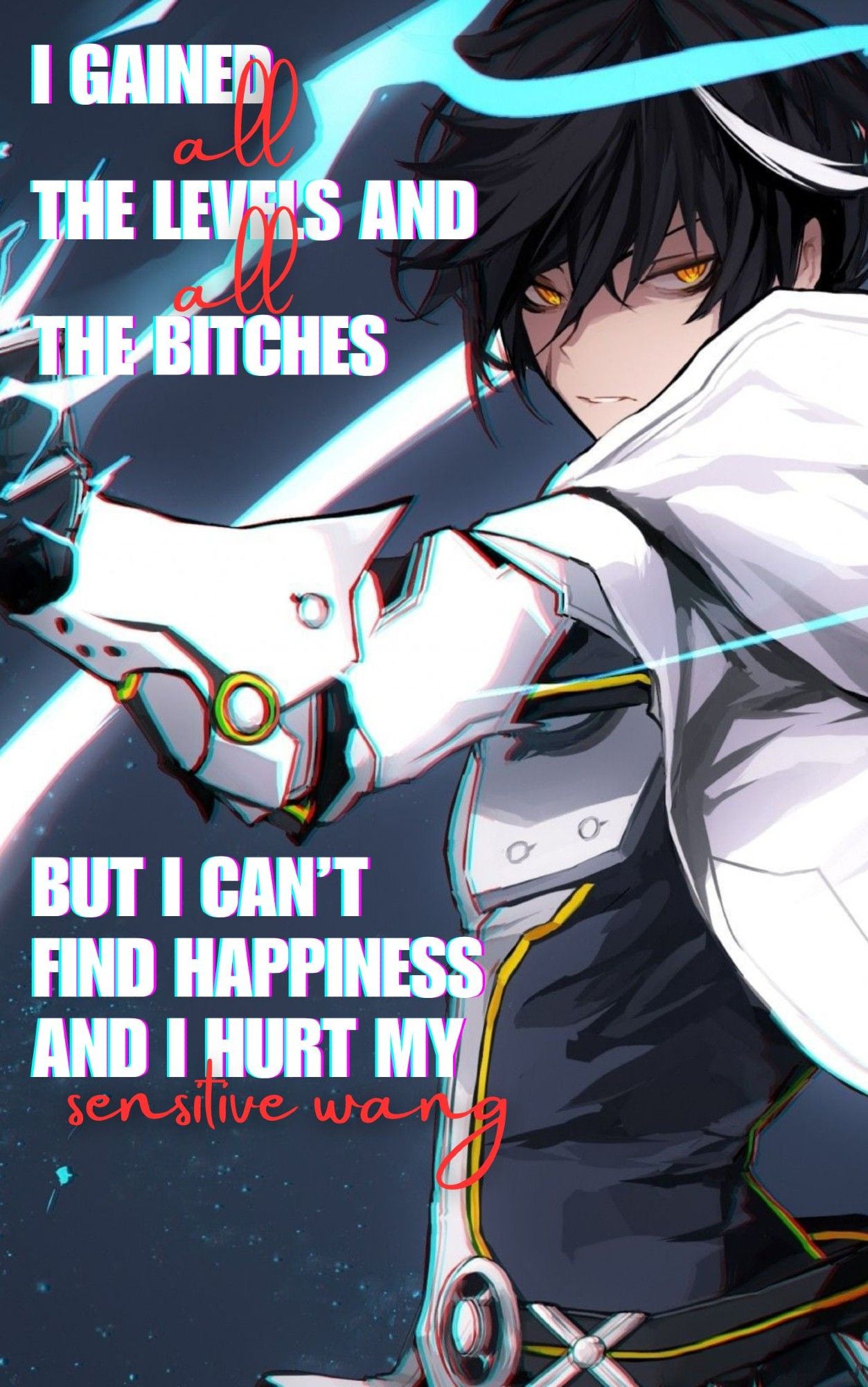 A fake cover for an isekai story on Scribblehub. An anime boy (that I found by searching ‘anime boy) with the title superimposed: “I gained all the levels and all the bitches but I can’t find happiness and I hurt my sensitive wang”