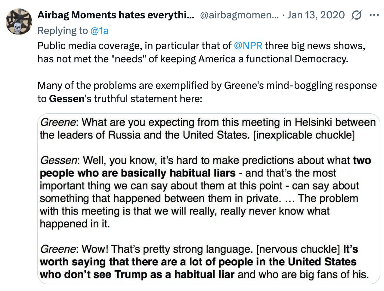 A screenshot of an Airbag Moments tweet recounting an incident when David Greene absurdly upbraided Masha Gessen for calling Trump and Putin liars.